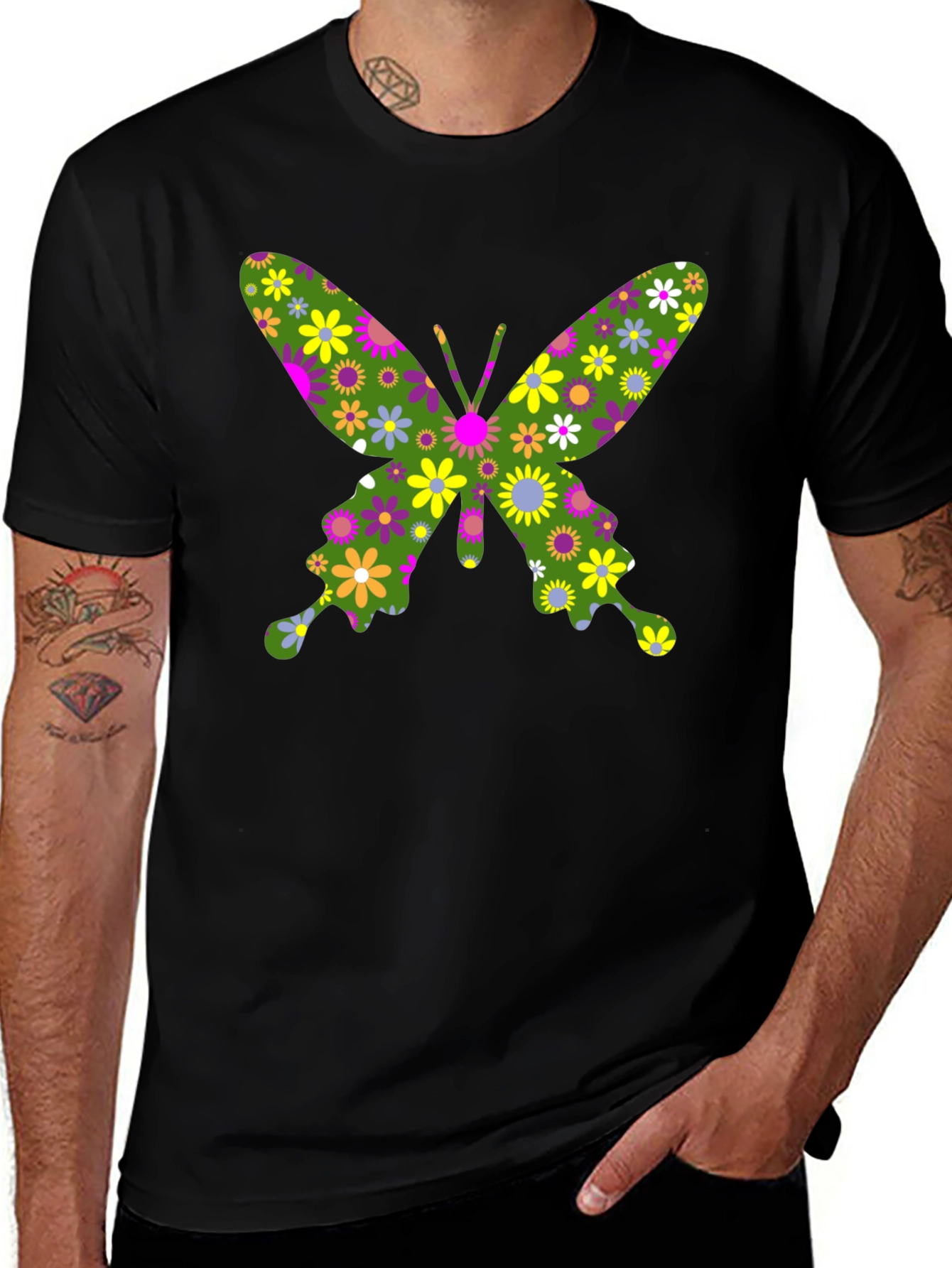 Variant 10 of Floral Butterfly Print Black T-Shirt