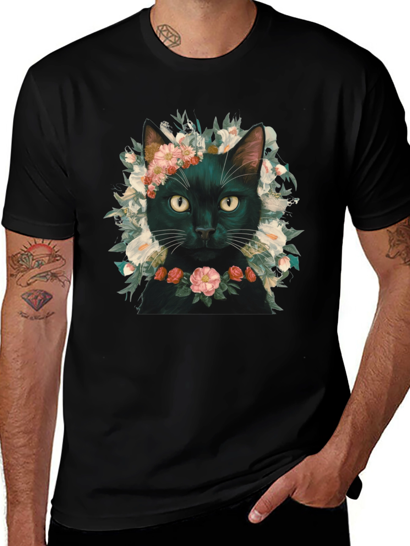 Variant 12 of Floral Cat T-Shirt - Black