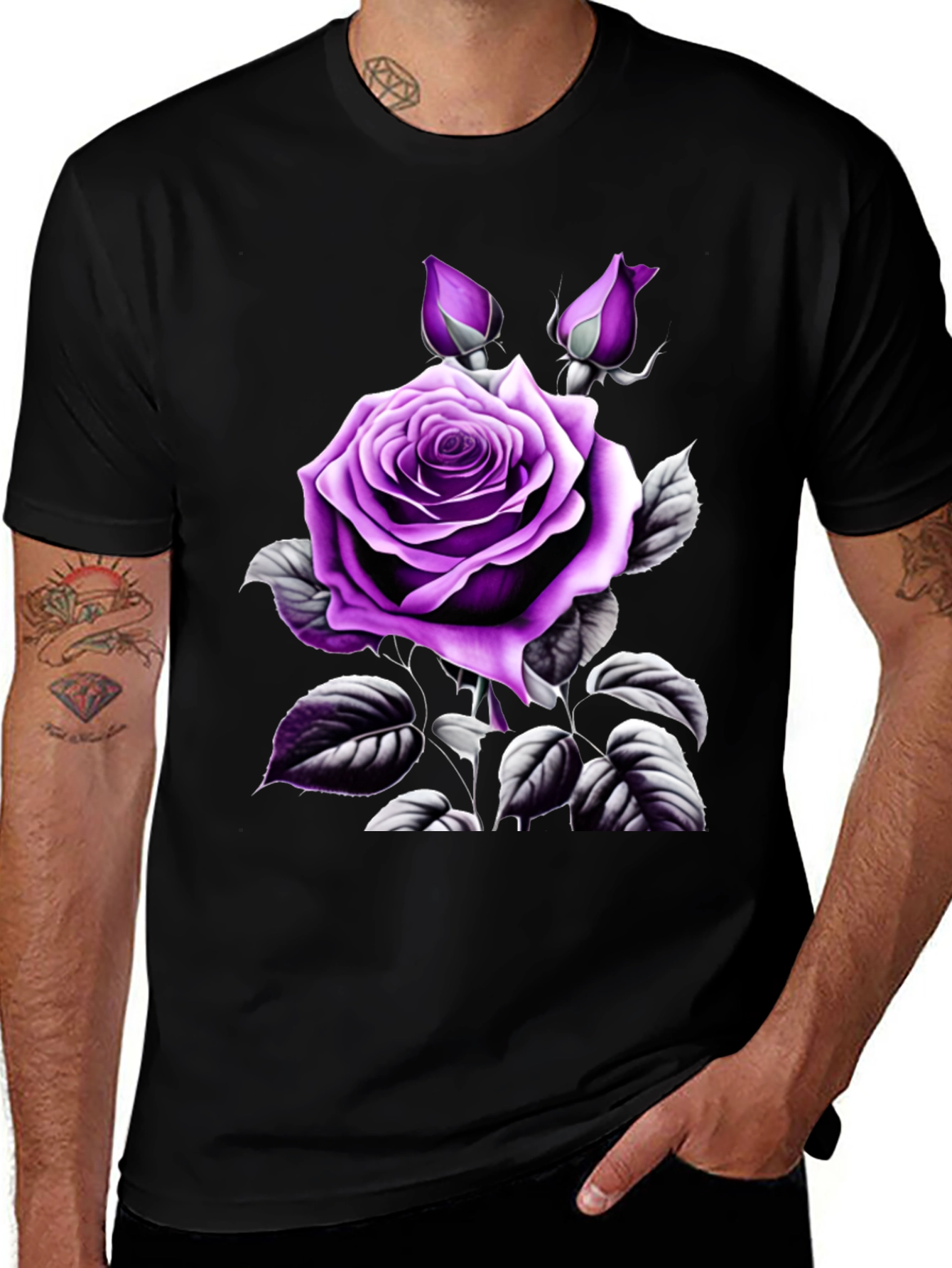 Variant 25 of Men's Black T-Shirt with Purple Rose Graphic