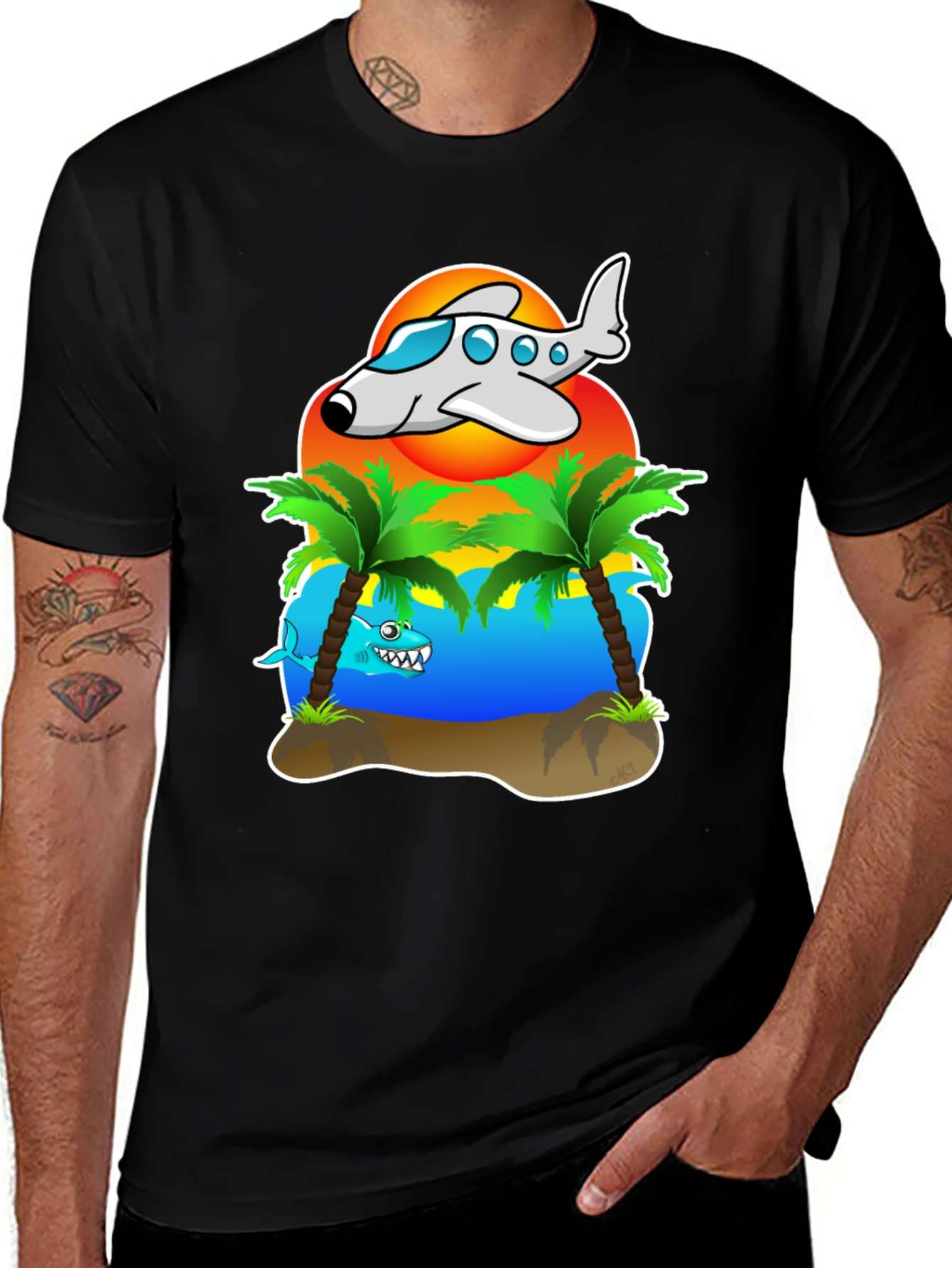 Variant 21 of Tropical Getaway T-Shirt - Airplane & Shark Design