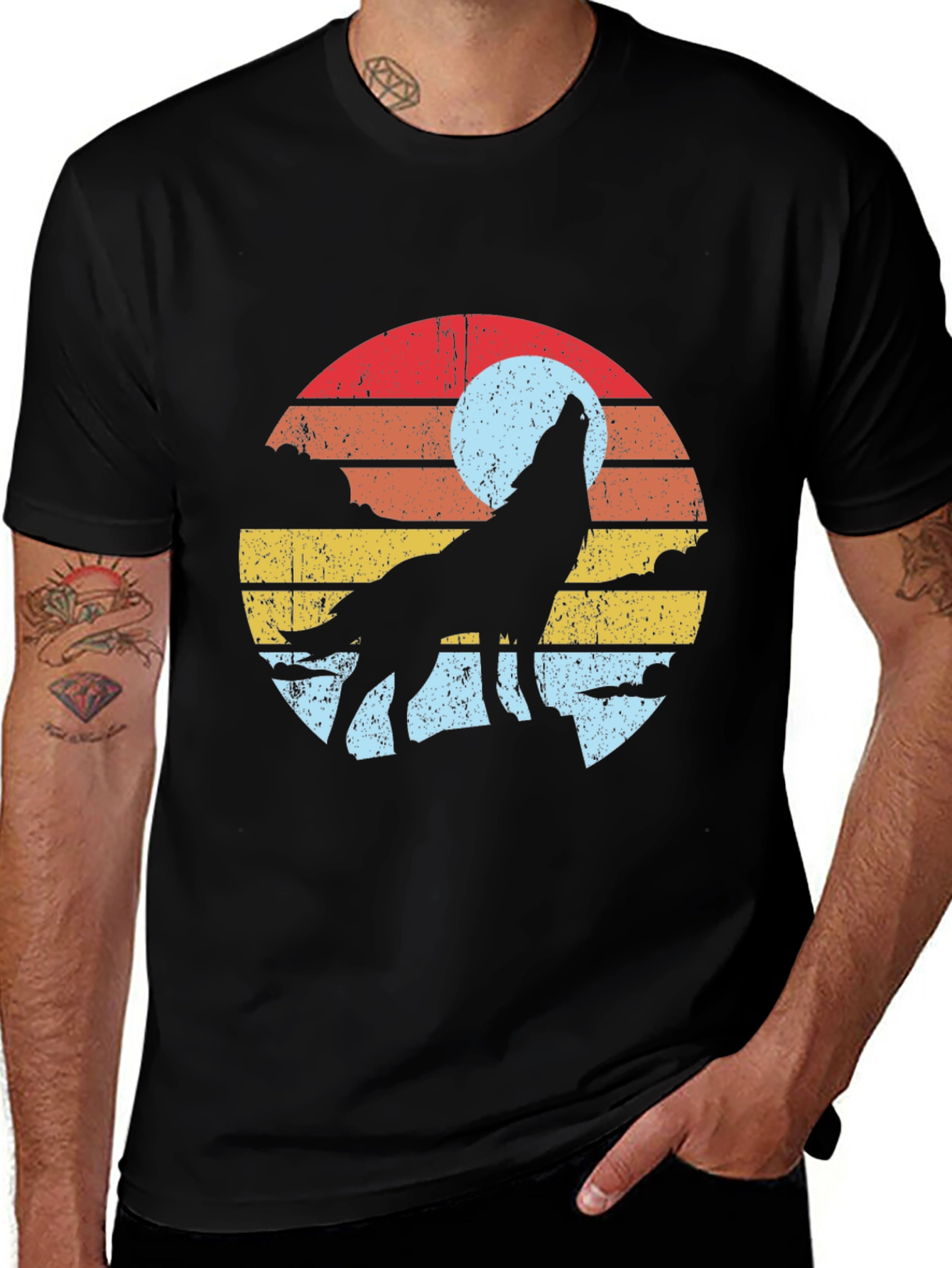Retro Wolf Howling Moon Graphic T-Shirt