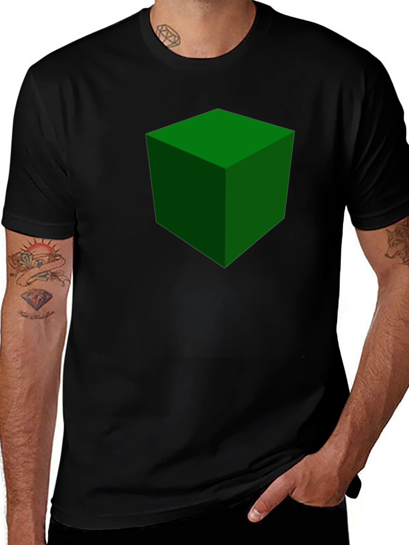 Green Cube Graphic Print Black T-Shirt