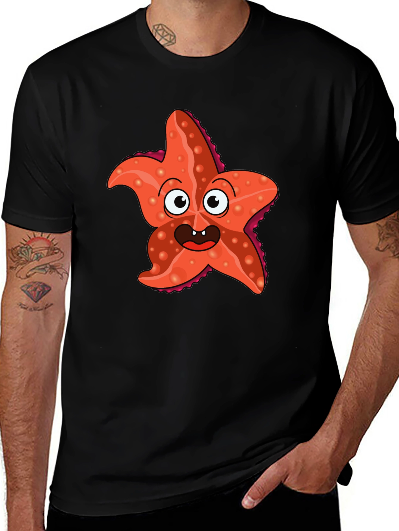 Variant 27 of Funny Starfish Graphic Tee - Black Cotton T-Shirt
