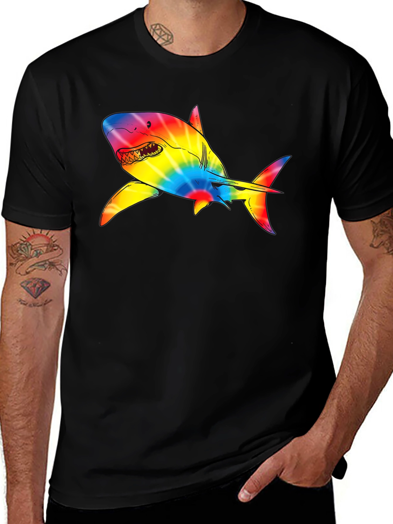 Variant 9 of Rainbow Tie-Dye Shark Graphic Black T-Shirt