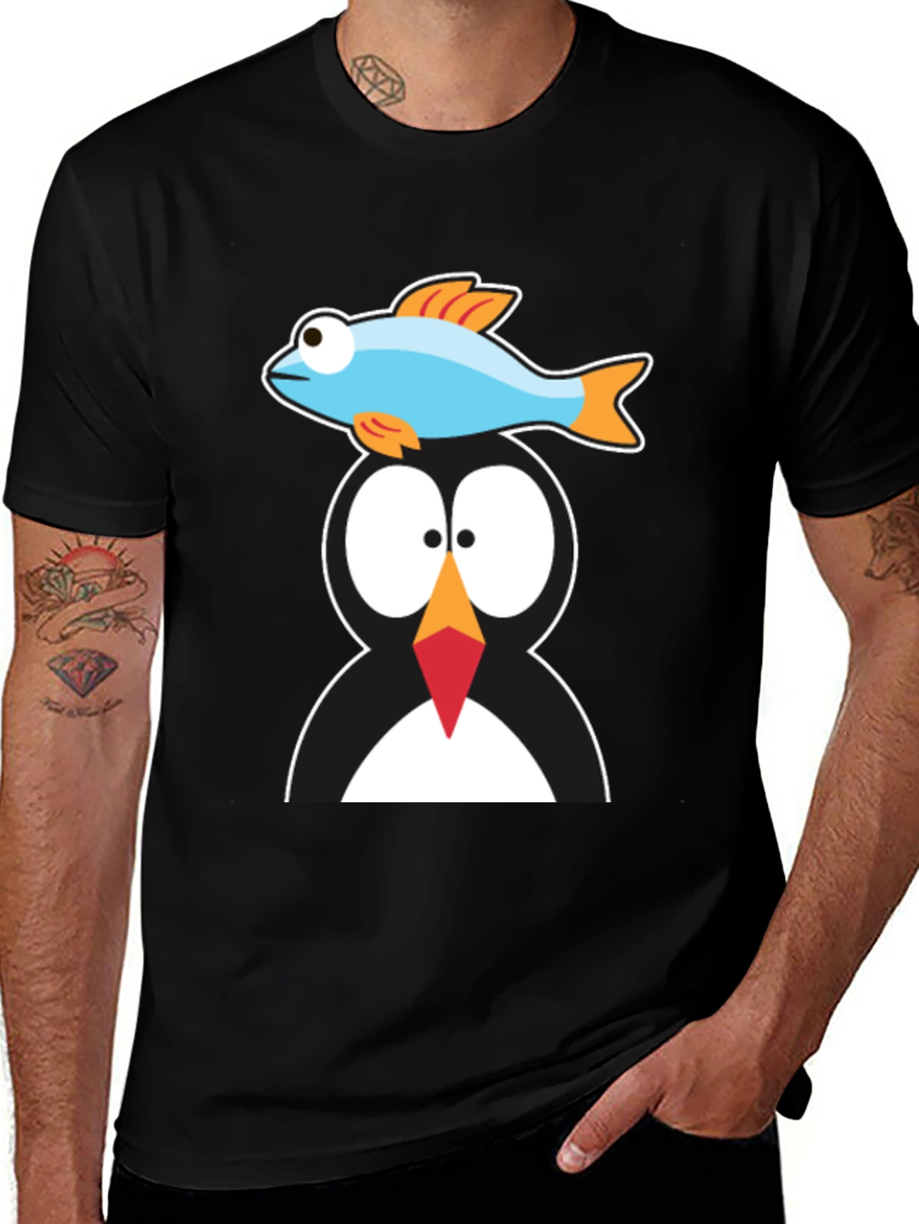 Variant 16 of Penguin & Fish Graphic Tee - Quirky Black T-Shirt