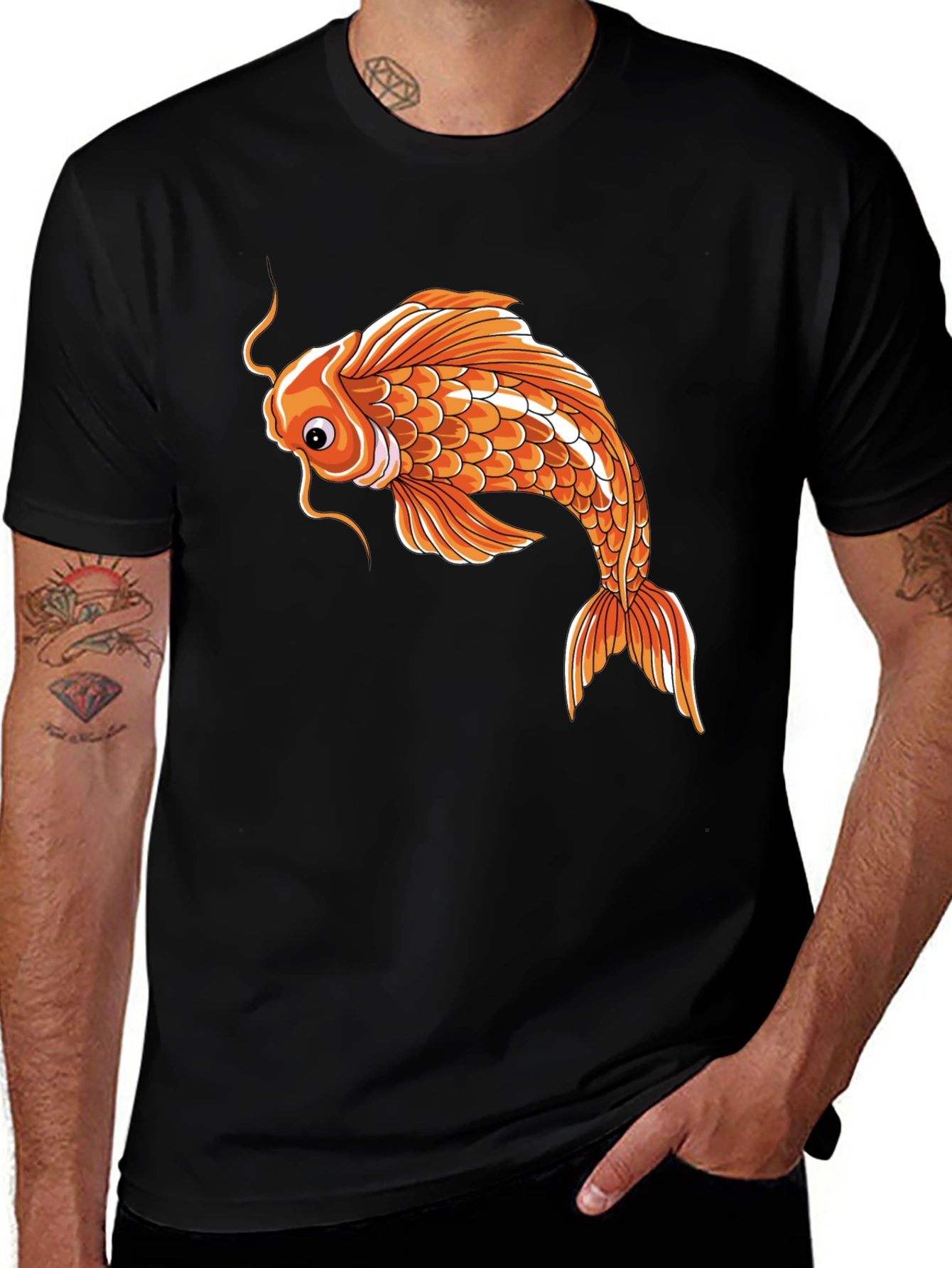 Koi Fish Graphic Tee - Unique Design, Black Cotton