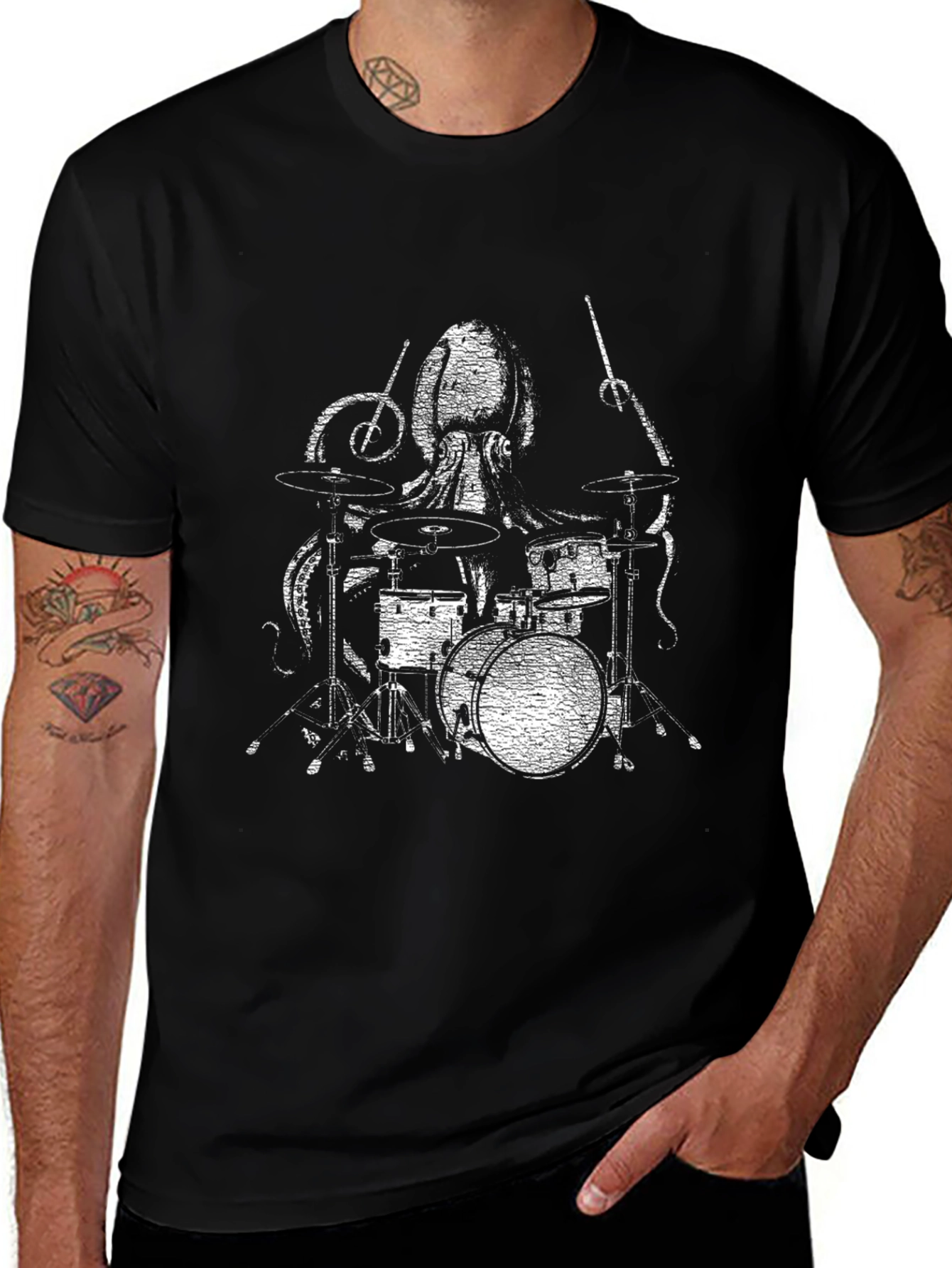 Variant 24 of Octopus Drummer Graphic Tee - Black Cotton T-Shirt