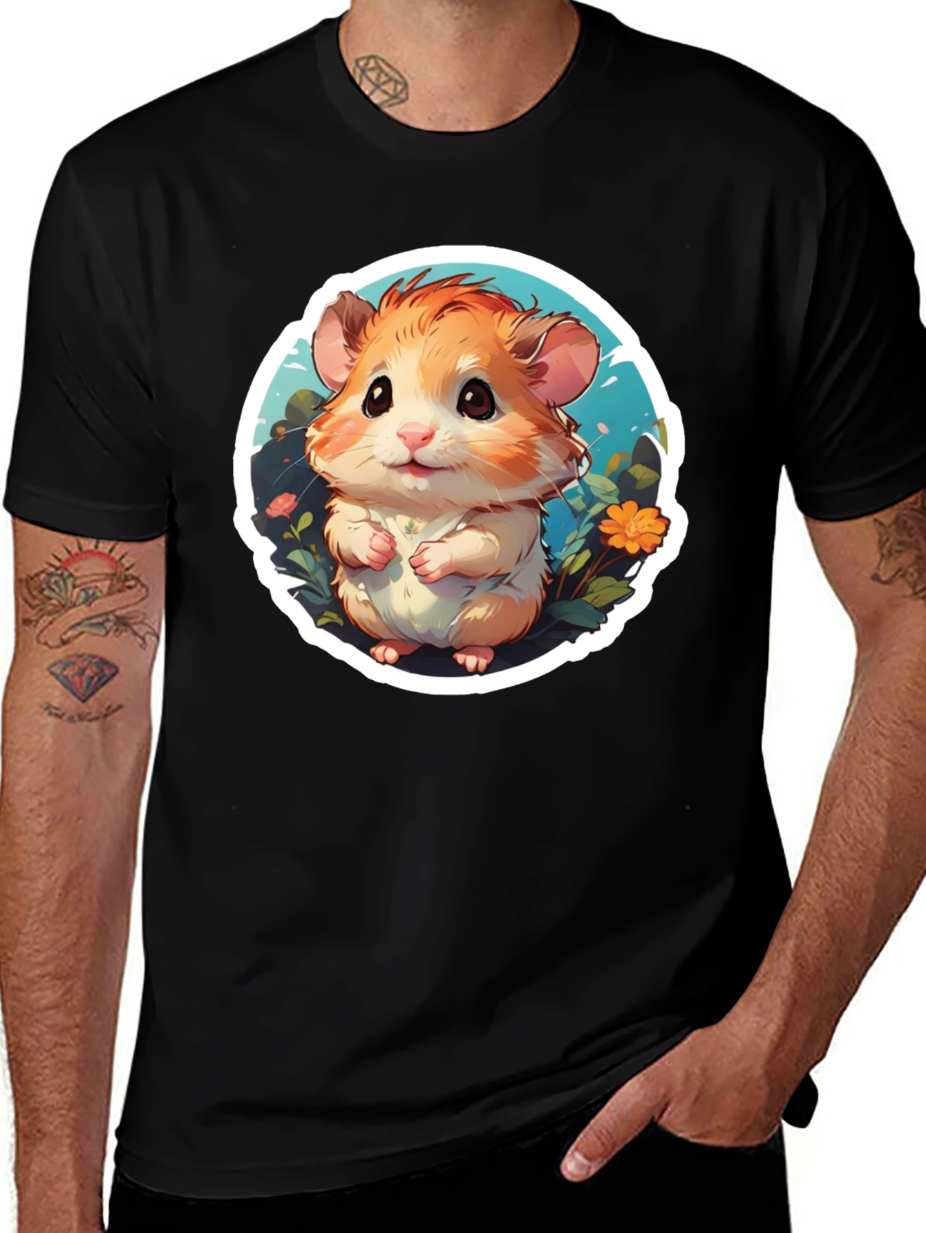 Variant 10 of Cute Hamster Graphic Tee - Black Cotton Blend