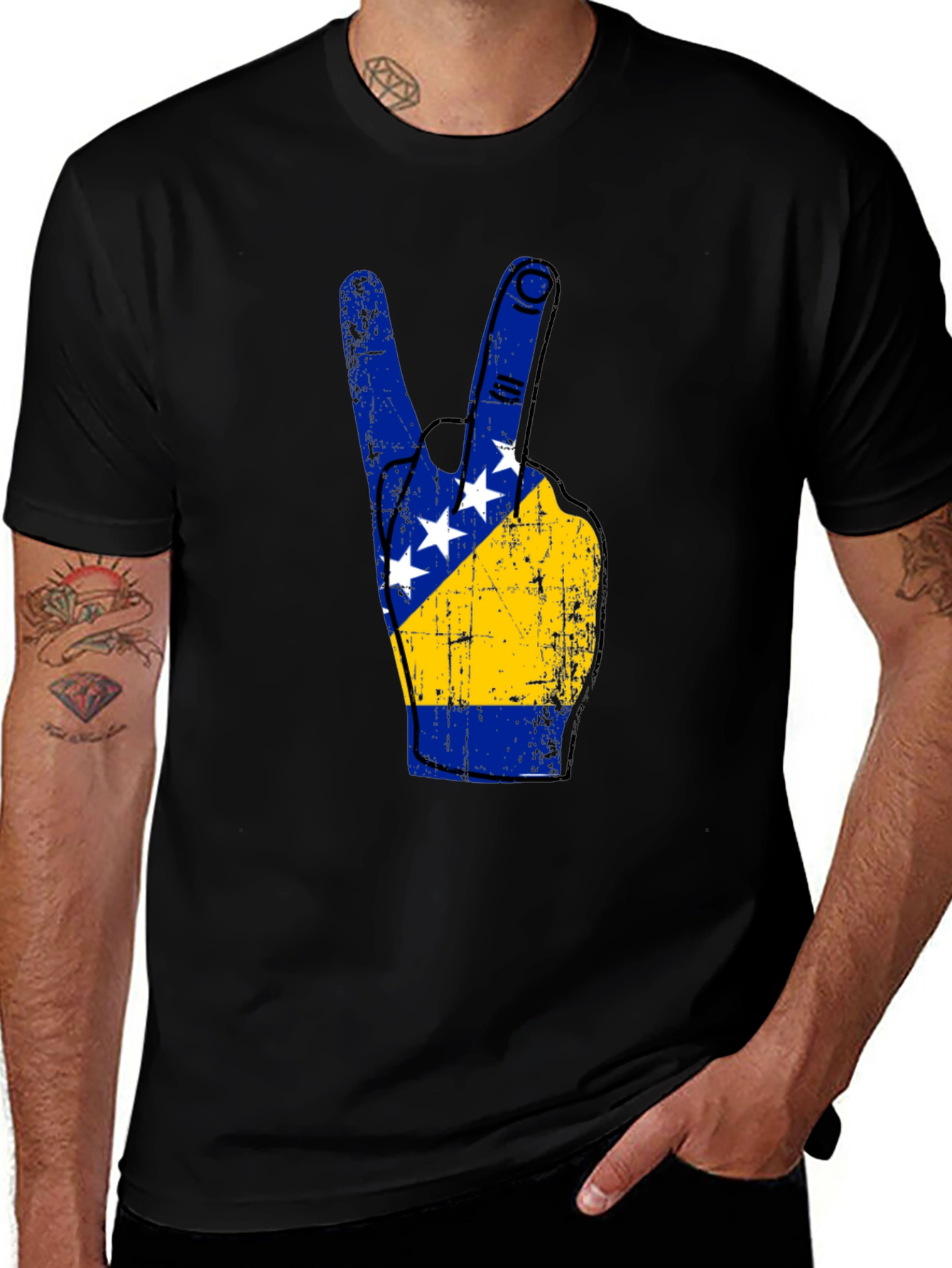 Bosnia Flag Hand Peace Sign Black T-Shirt