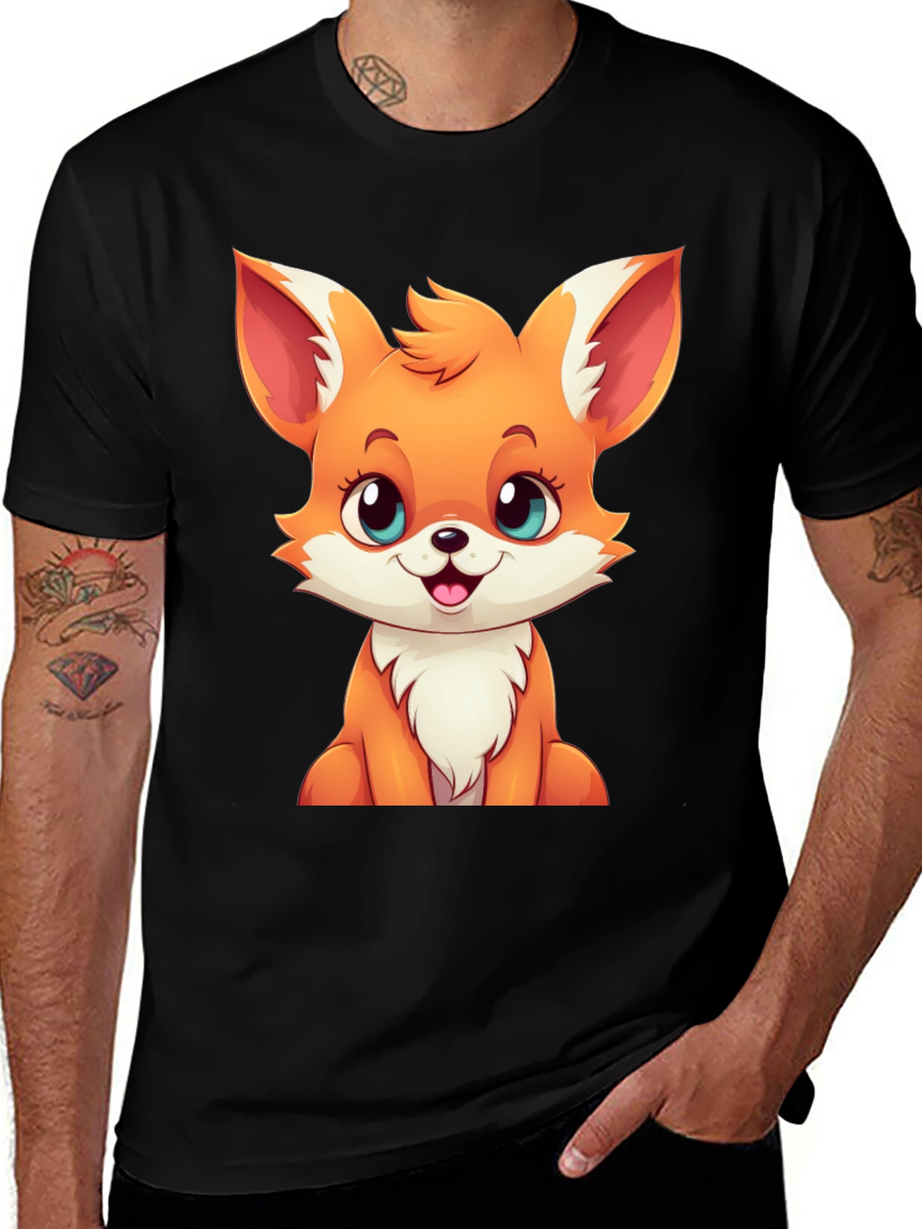 Variant 27 of Cute Cartoon Fox Graphic Tee - Black T-Shirt