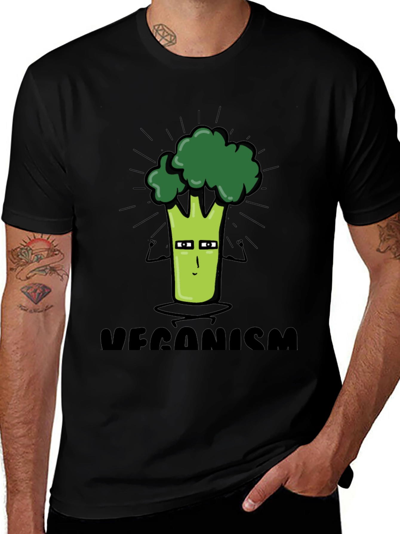 Variant 15 of Veganism Cartoon Broccoli Black T-Shirt