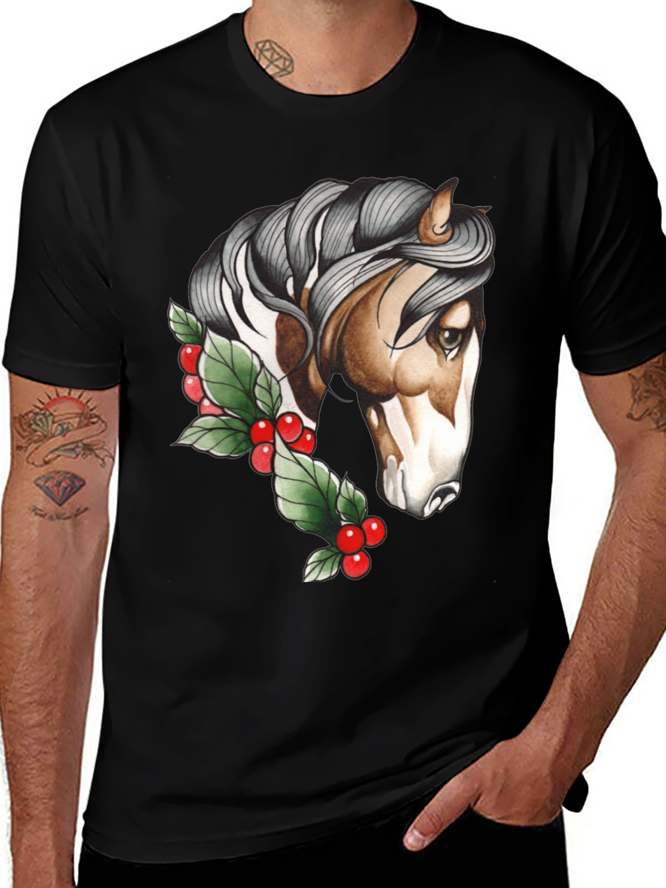Camiseta Negra con Diseño de Caballo y Cerezas
