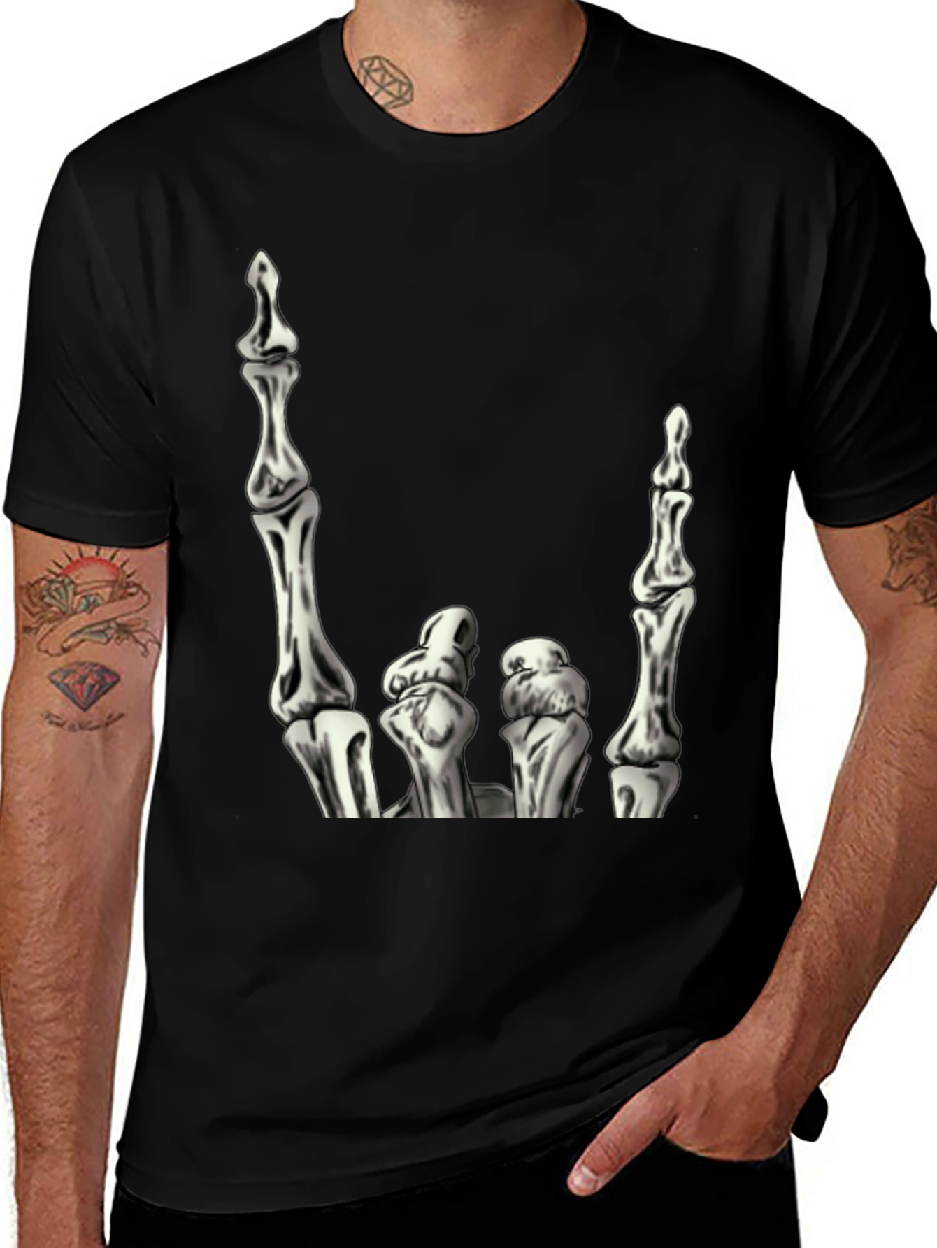 Skeleton Hand Gesture Black T-Shirt