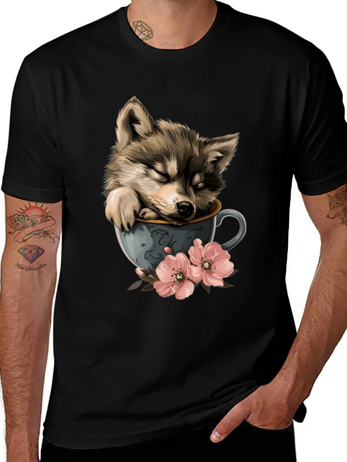Variant 13 of Cute Wolf Cub in Teacup Black T-Shirt
