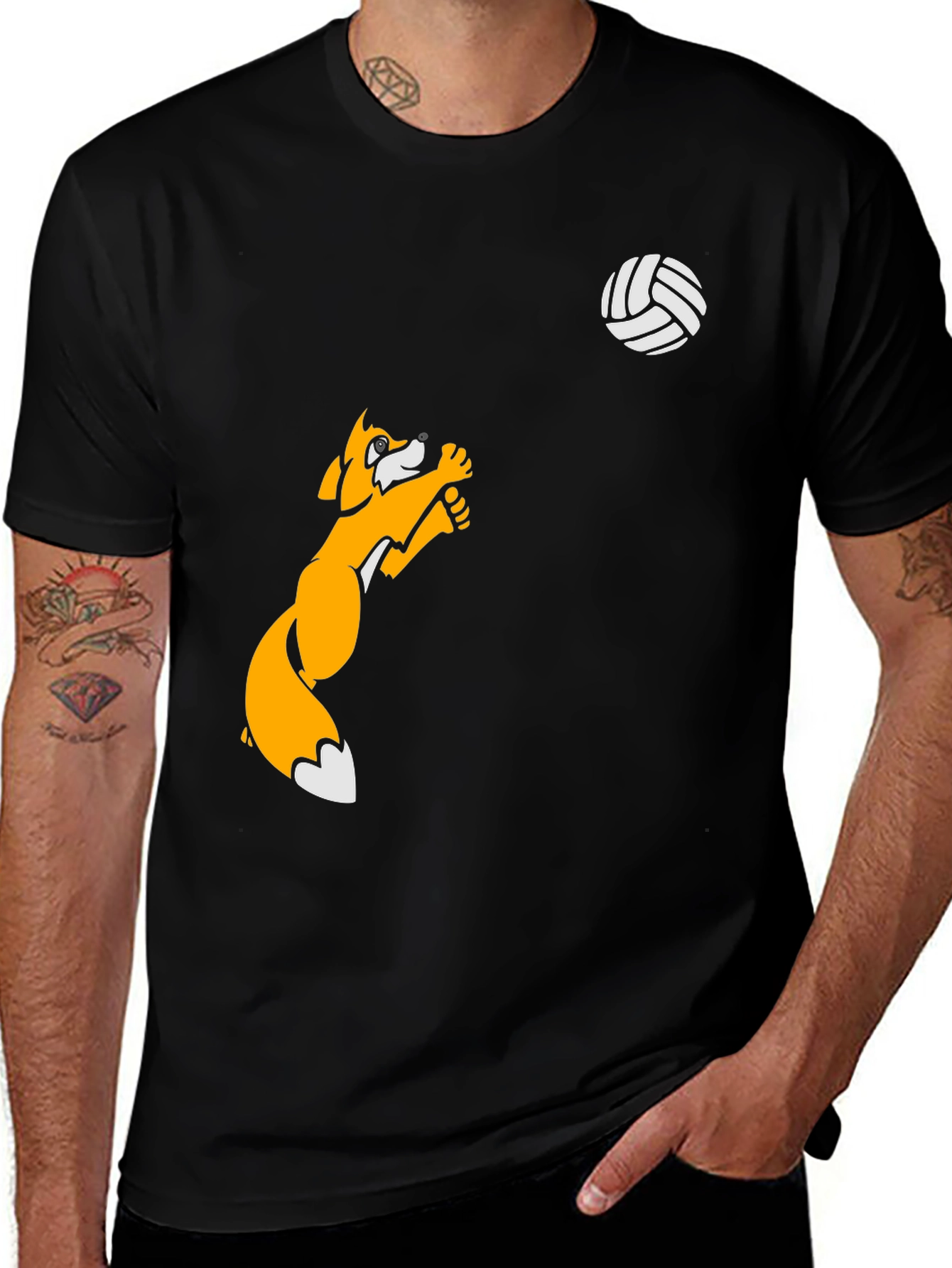 Volleyball Fox Graphic Tee - Black Cotton T-Shirt