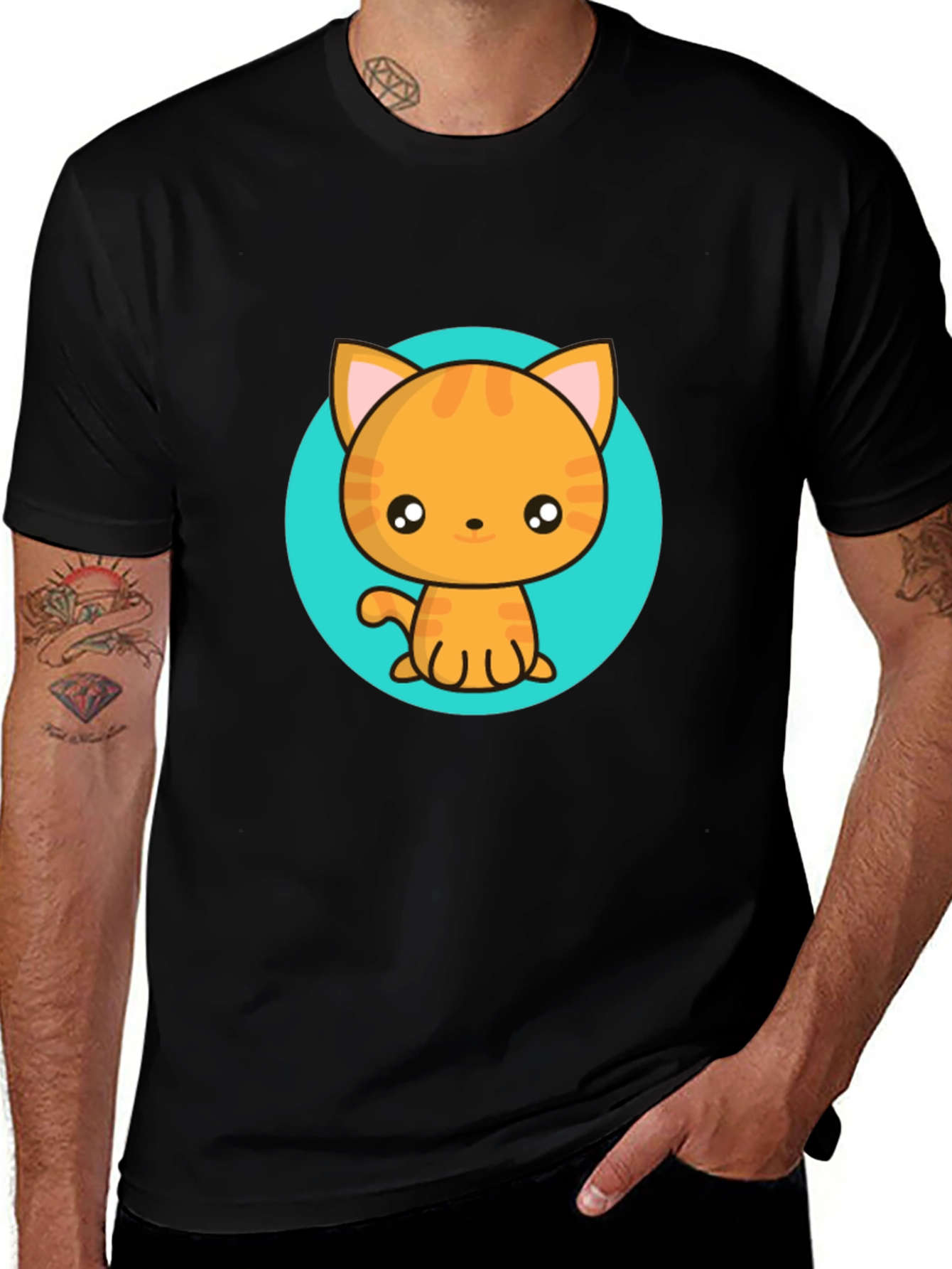 Variant 22 of Cute Cartoon Cat T-Shirt - Black Crew Neck Tee
