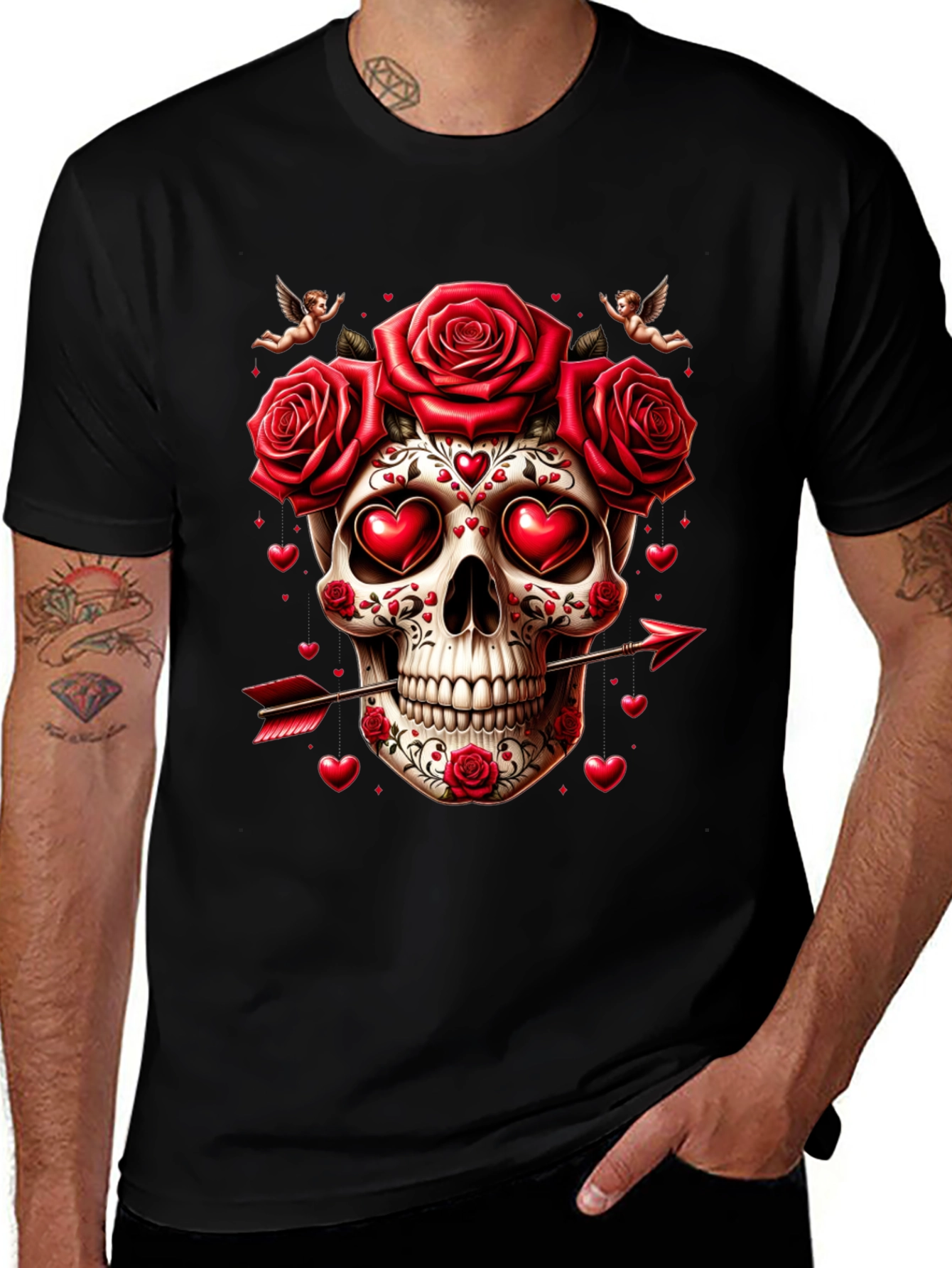 Skull Roses Hearts Arrow Valentines Day T-Shirt