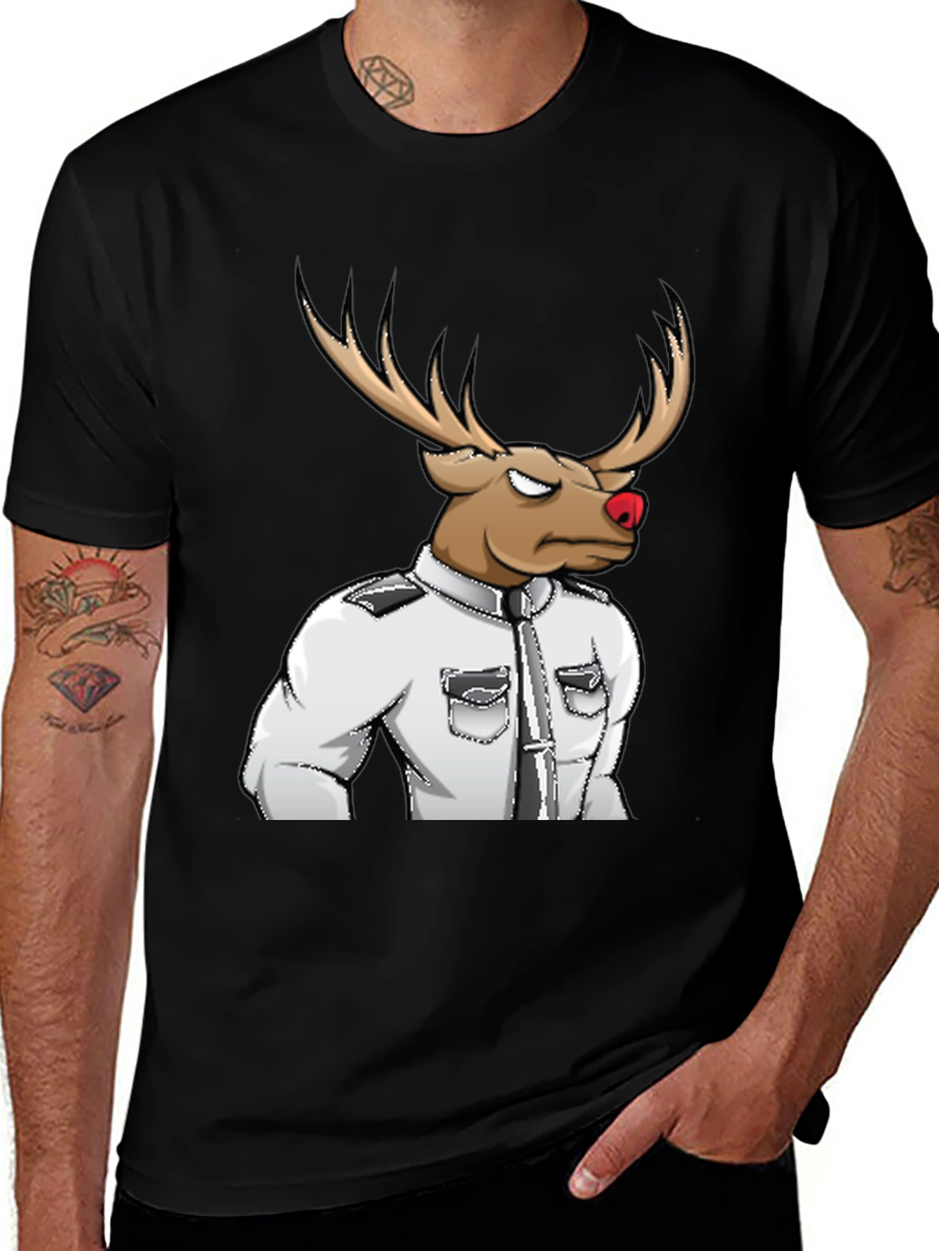 Variant 26 of Rudolph Reindeer Officer Graphic Tee - Black Cotton Blend