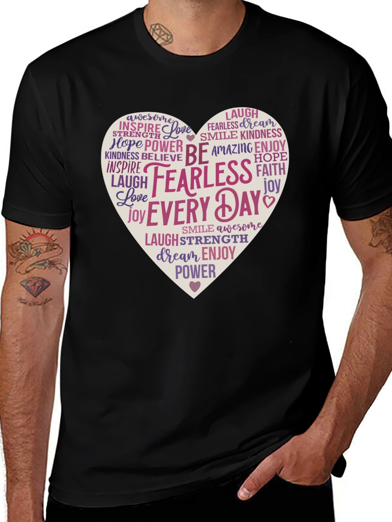 Variant 28 of Inspiring 'Fearless' Heart Word Art Black T-Shirt
