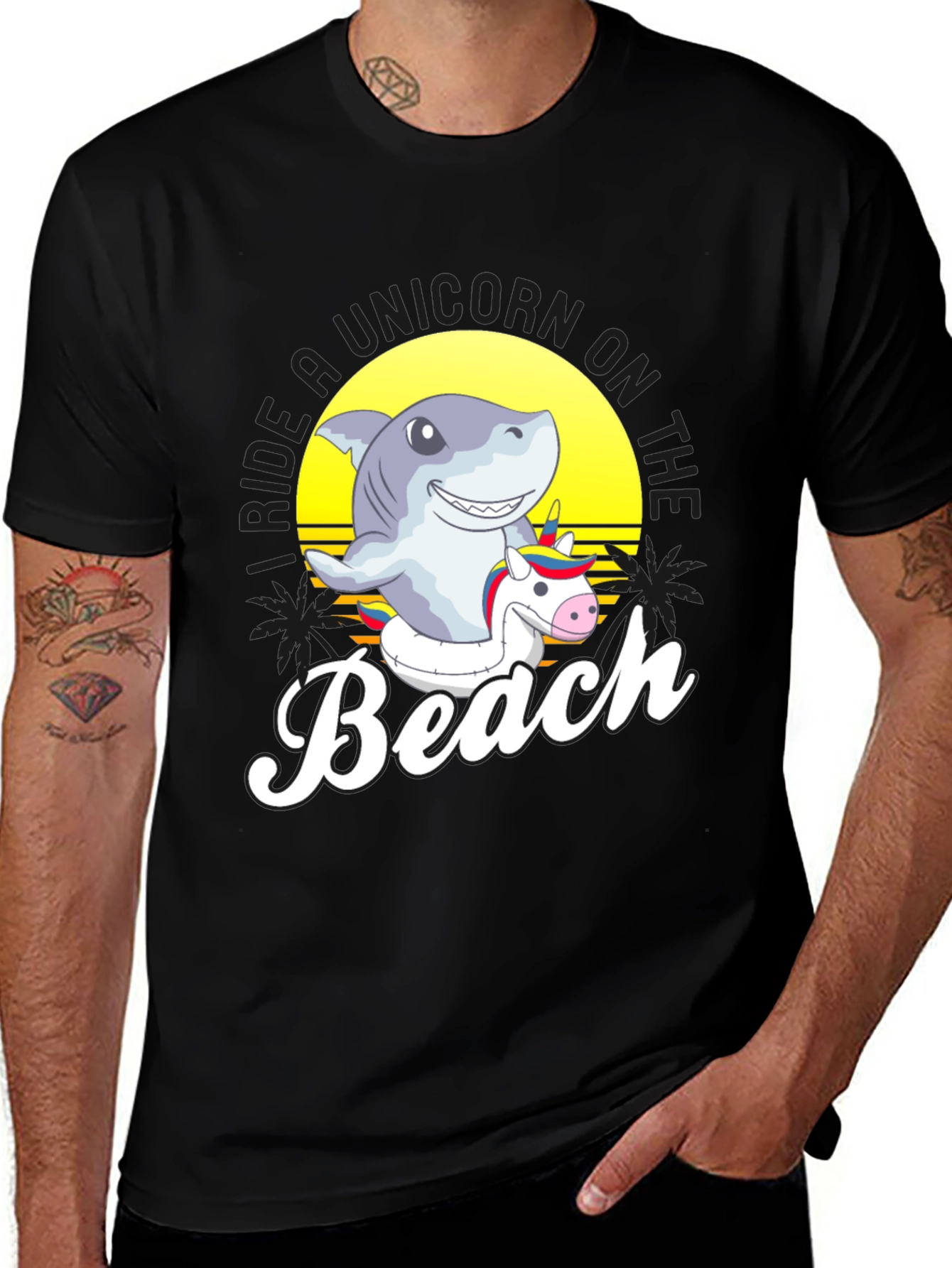 Shark Riding Unicorn Beach T-Shirt
