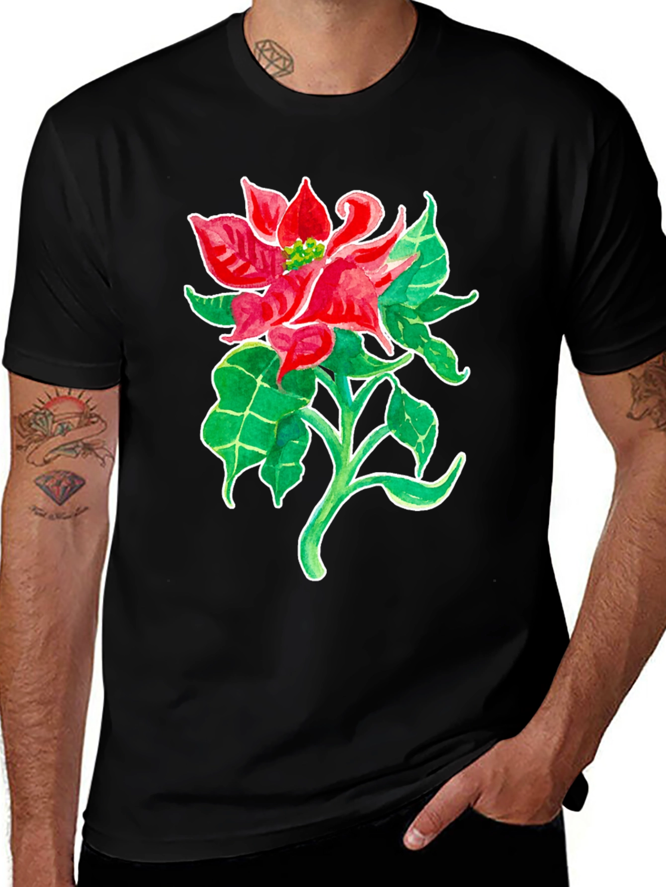 Poinsettia Flower Graphic Tee - Black Cotton Blend