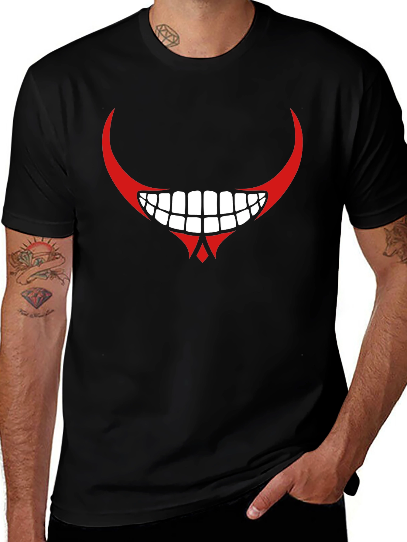 Variant 18 of Men's Black Graphic T-Shirt - Red Devilish Grin Design