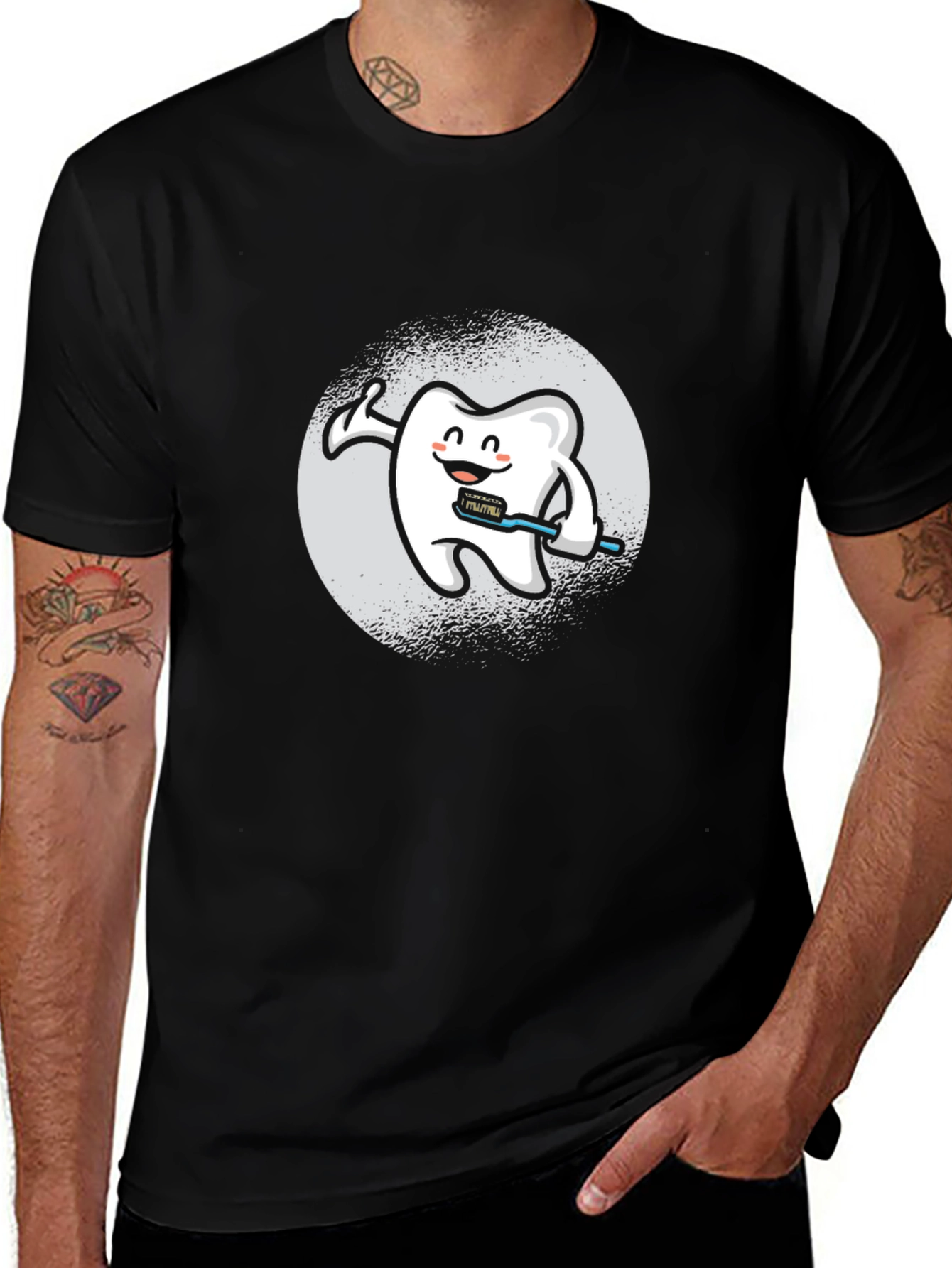 Variant 16 of Cartoon Tooth Brushing T-Shirt - Black, Funny Dental Tee