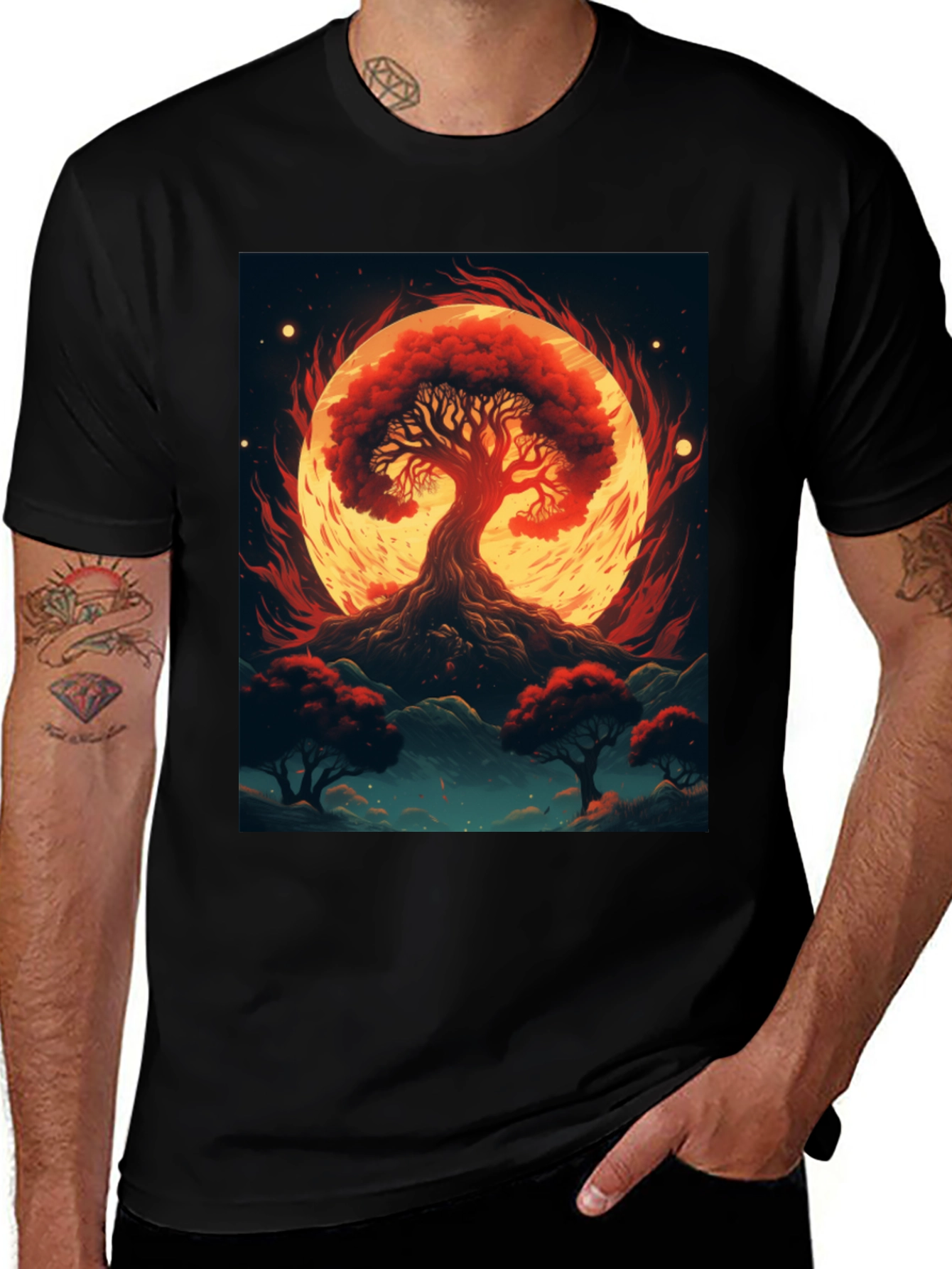 Black Red Tree Graphic Tee - Artistic Black T-Shirt main image