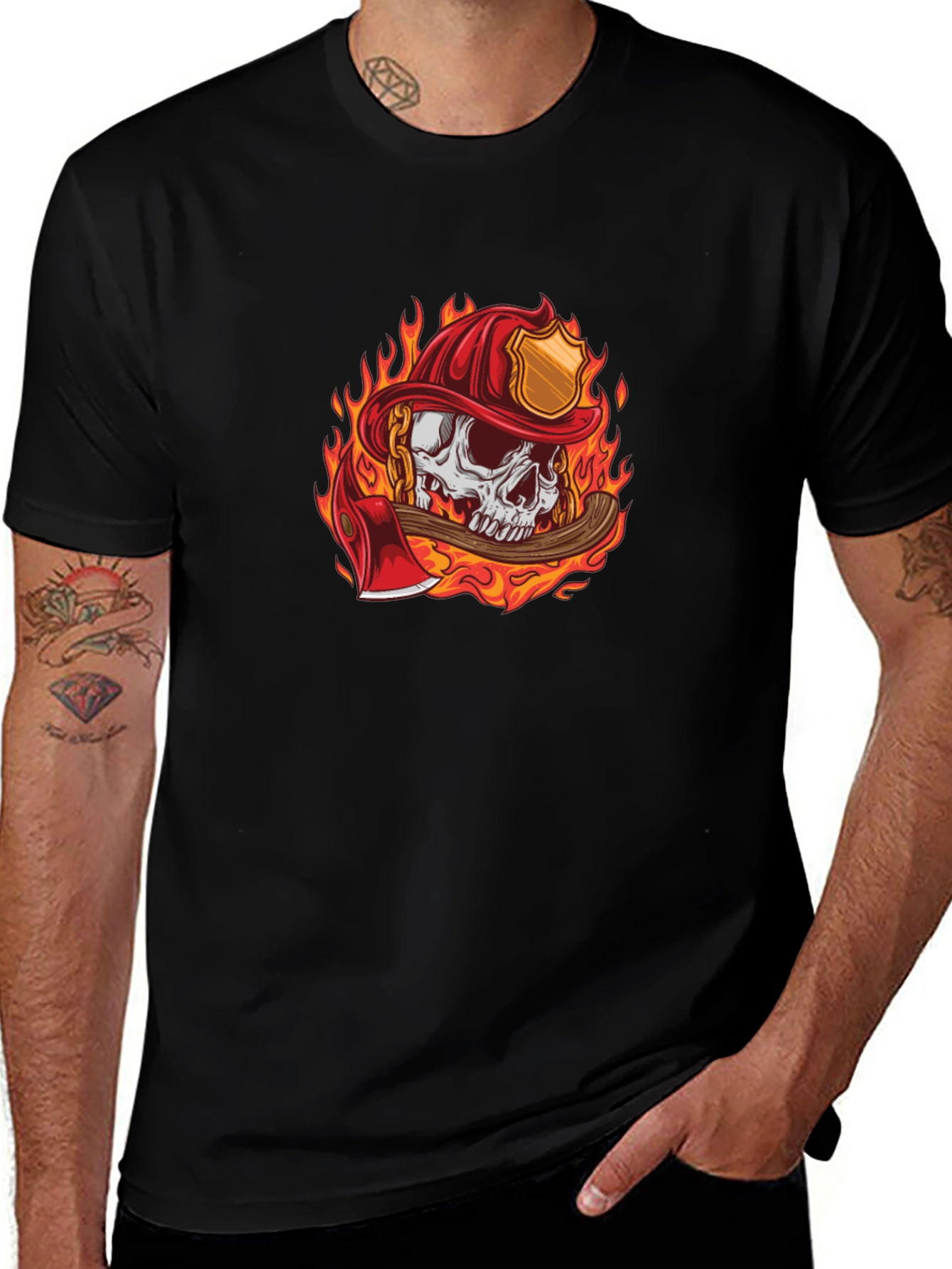 Variant 24 of Firefighter Skull Graphic Tee - Black Cotton