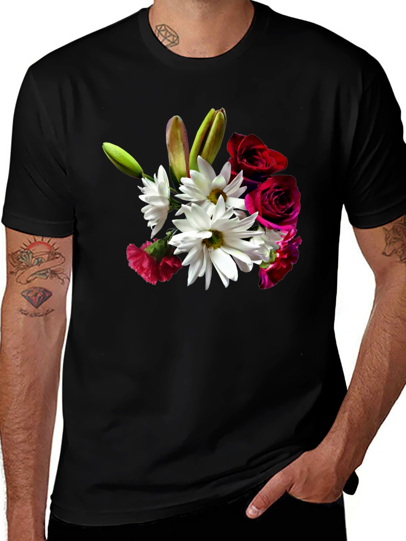 Variant 17 of Floral Bouquet Graphic Tee - Black Casual T-Shirt