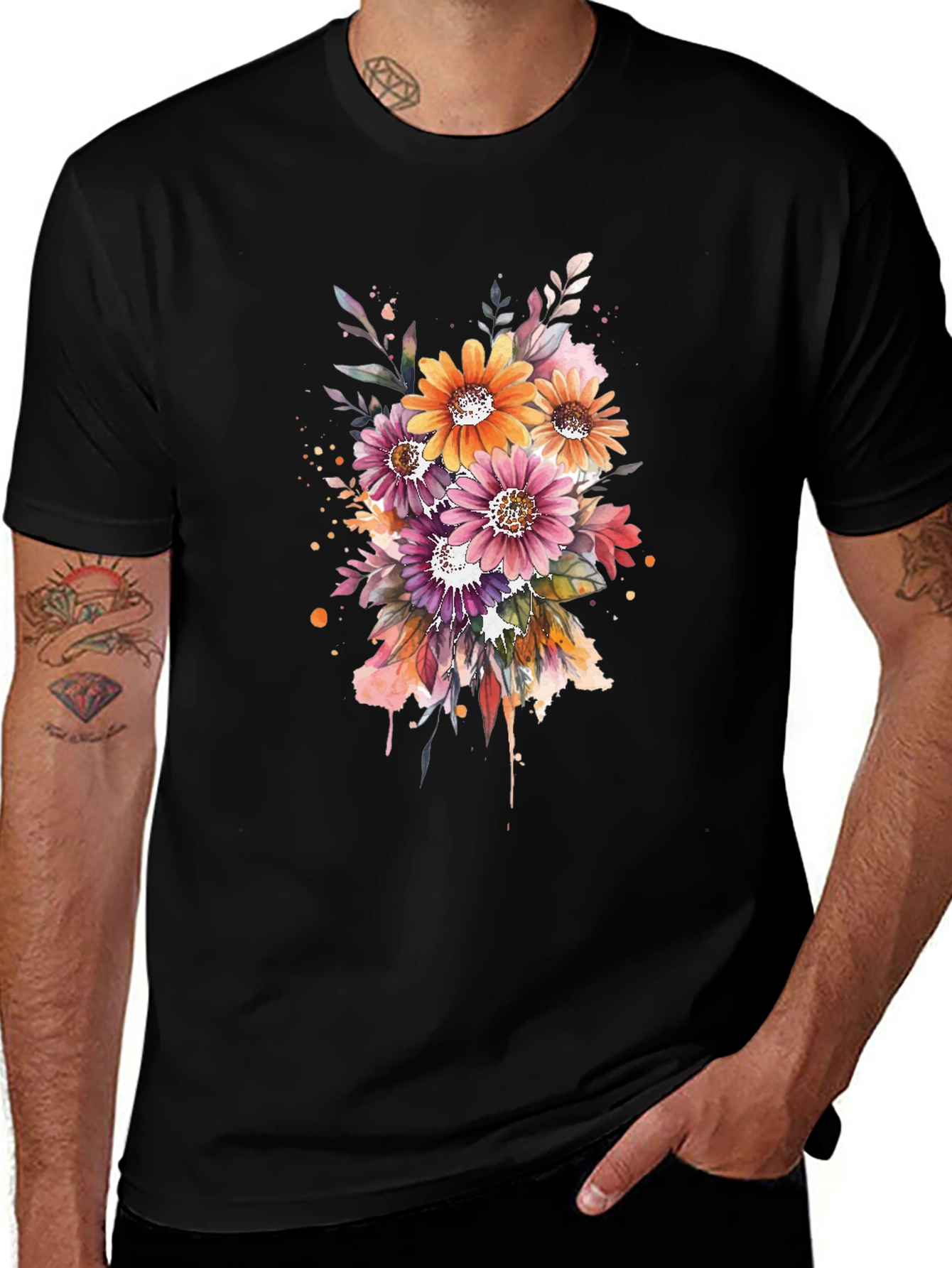 Variant 8 of Floral Watercolor Graphic Black T-Shirt