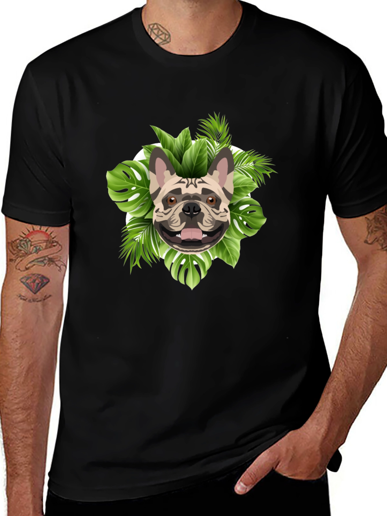 Variant 14 of Dog & Tropical Leaves Graphic Black T-Shirt