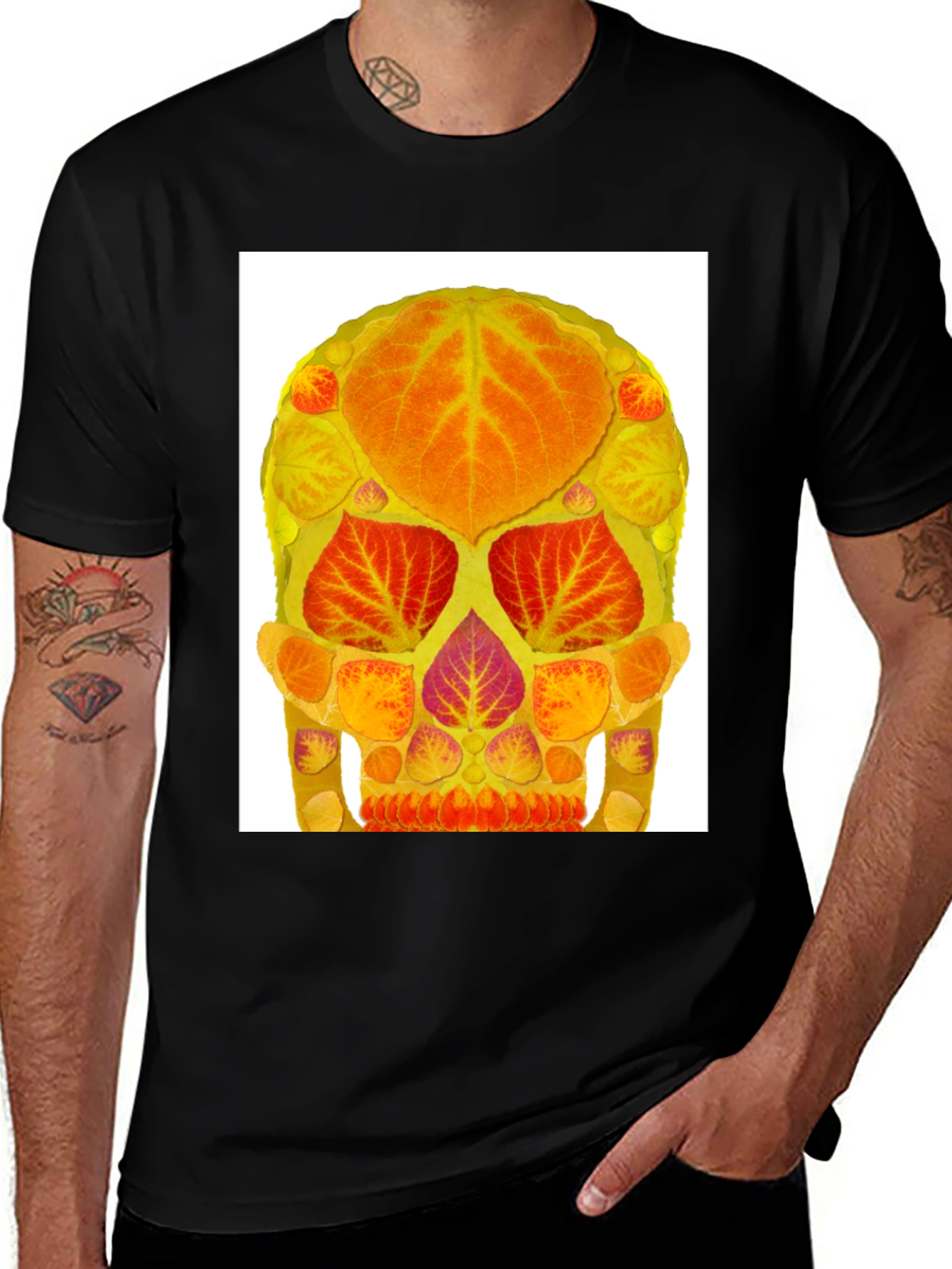 Variant 10 of Autumn Leaf Skull Graphic Tee - Black Cotton