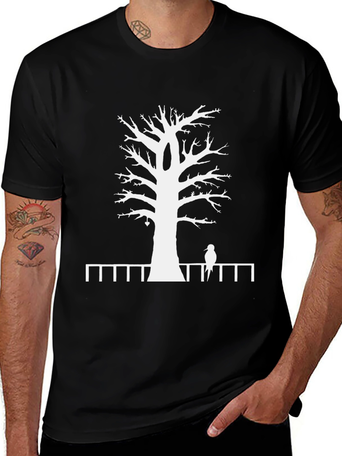 Variant 23 of Tree & Bird Graphic T-Shirt - Black Casual Tee