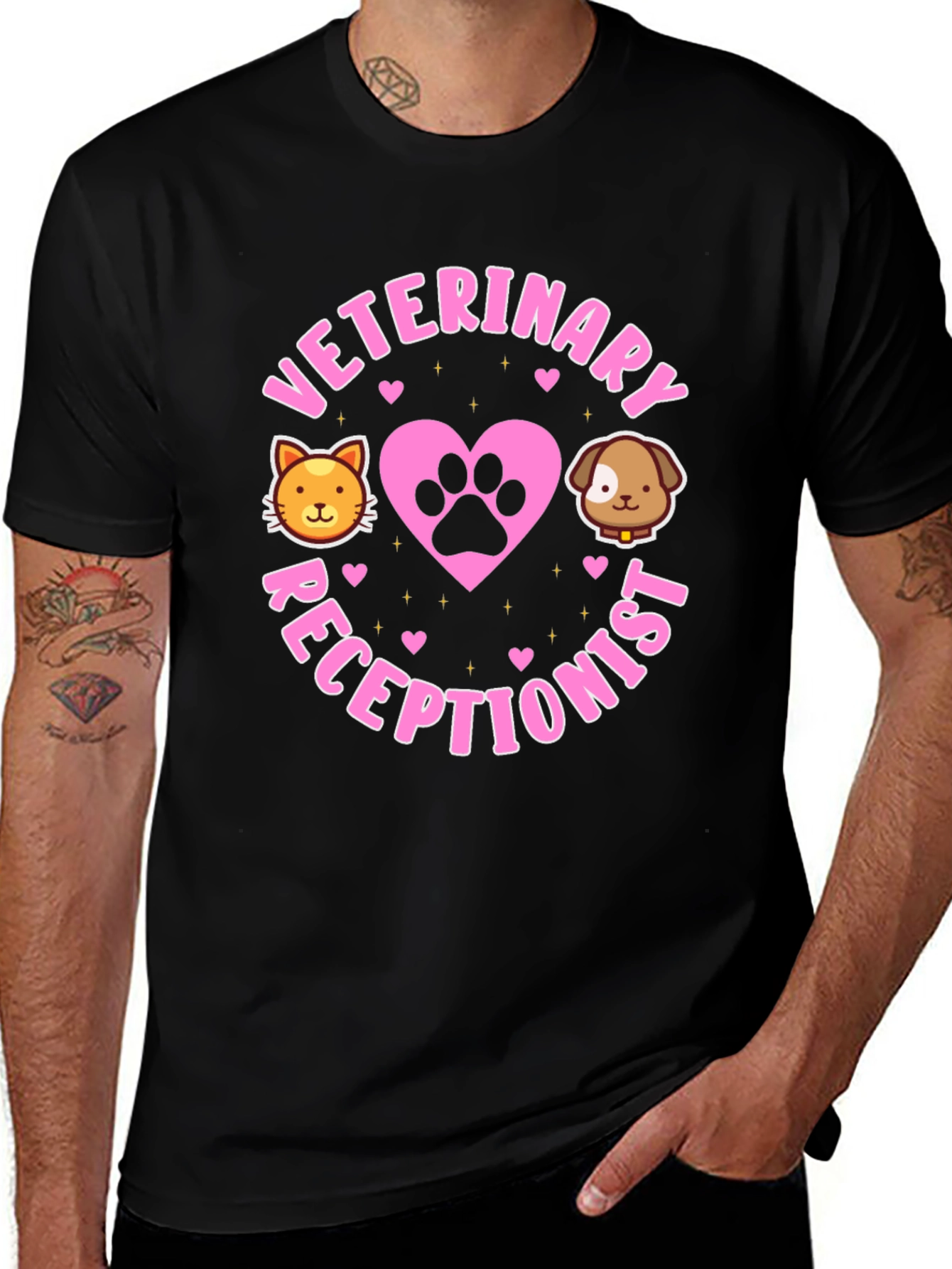 Veterinary Receptionist T-Shirt - Cute Cat & Dog Paw Heart Design