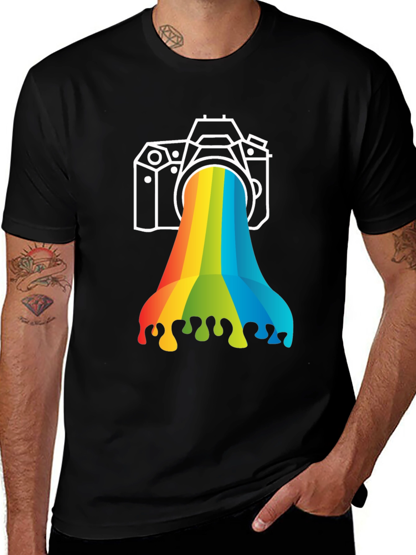 Variant 18 of Rainbow Camera Graphic Tee - Black Cotton