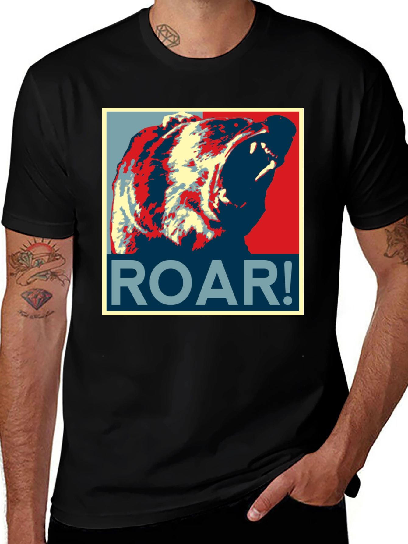 Variant 25 of Roar Bear Graphic Tee - Men's Black Crew Neck T-Shirt