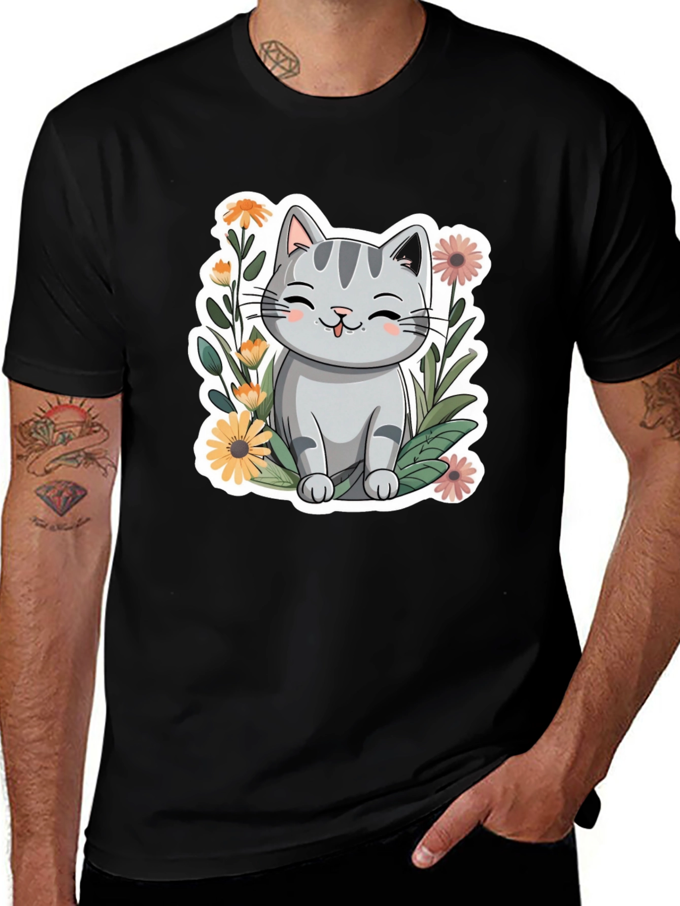 Variant 9 of Cute Cat in Flowers Black T-Shirt