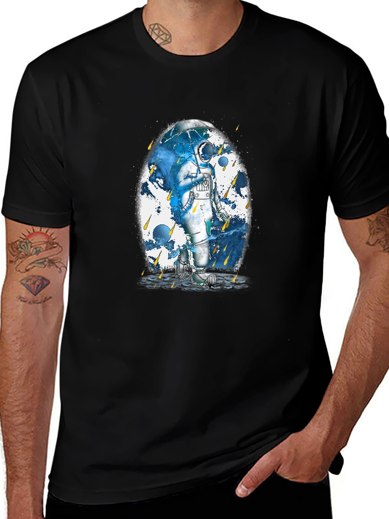 Variant 9 of Astronaut Rain T-Shirt - Men's Black Graphic Tee