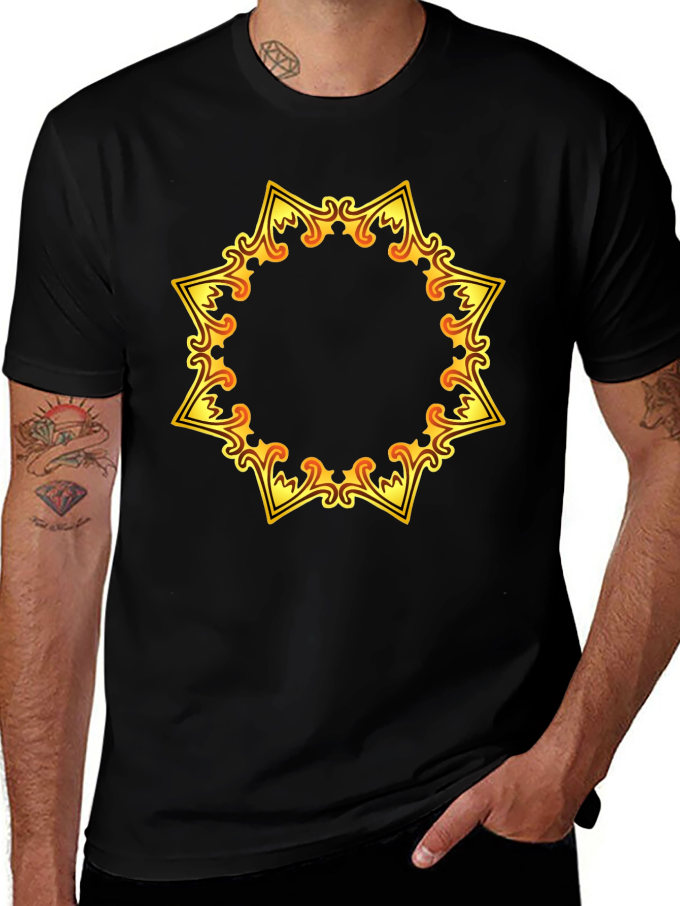 Variant 7 of Ornate Gold Star Design Black T-Shirt