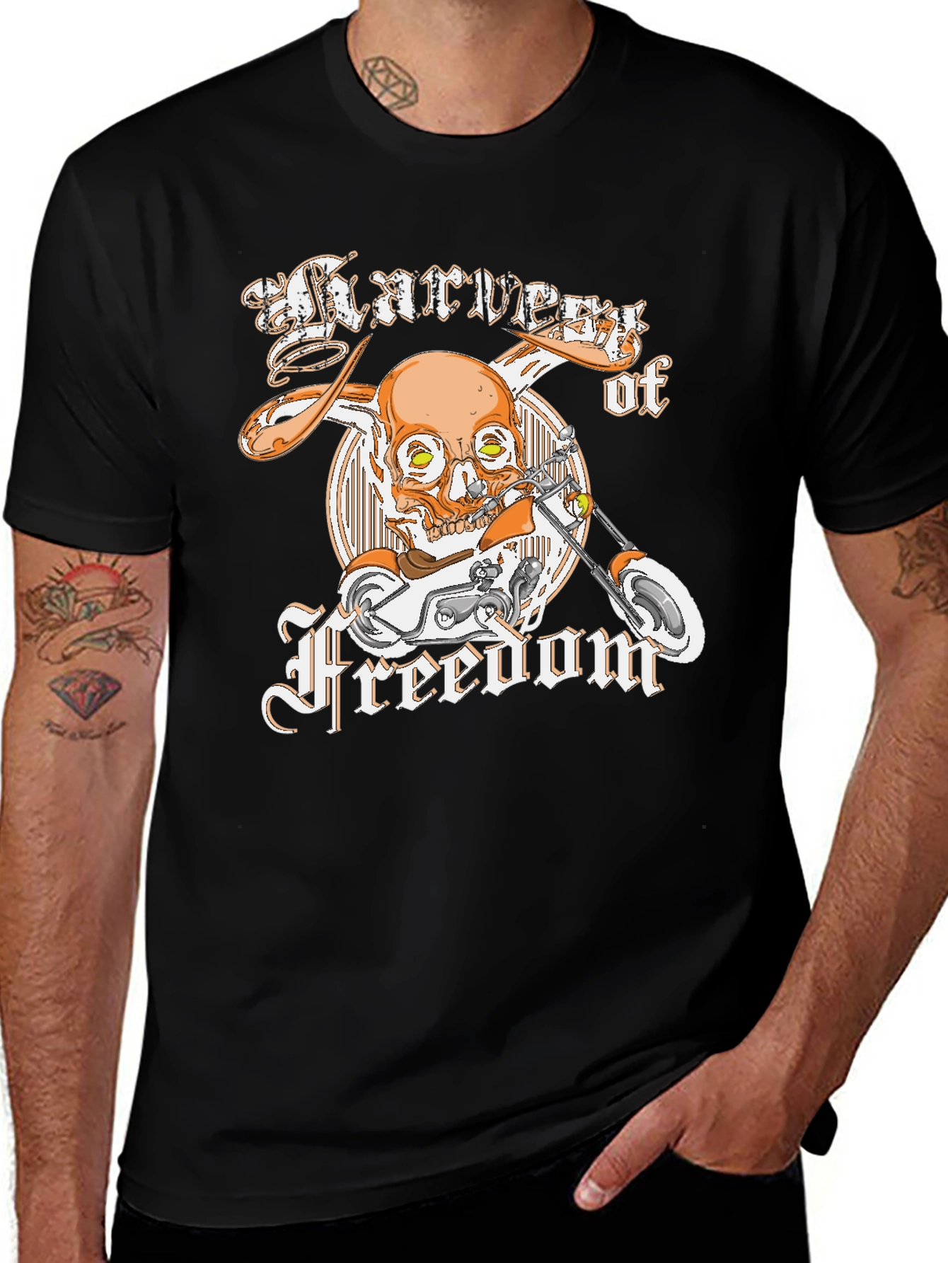 Variant 17 of Harvester of Freedom Skull Motorcycle Graphic Tee - Black