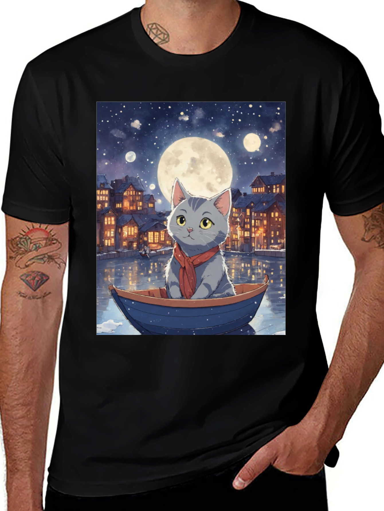 Variant 3 of Cat in Boat T-Shirt - Moonlit Adventure