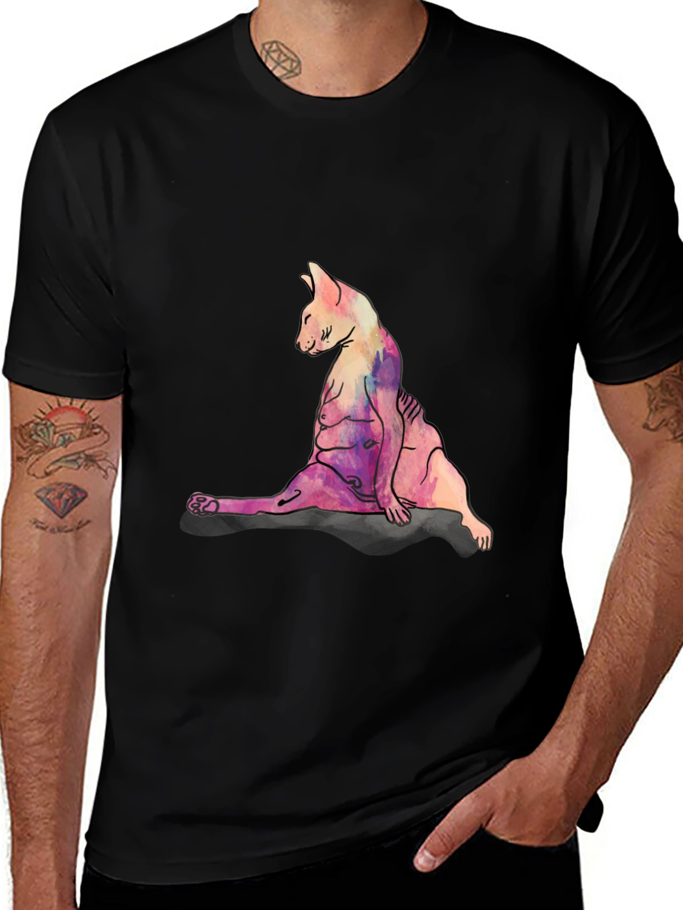 Variant 13 of Watercolor Cat Print Black T-Shirt