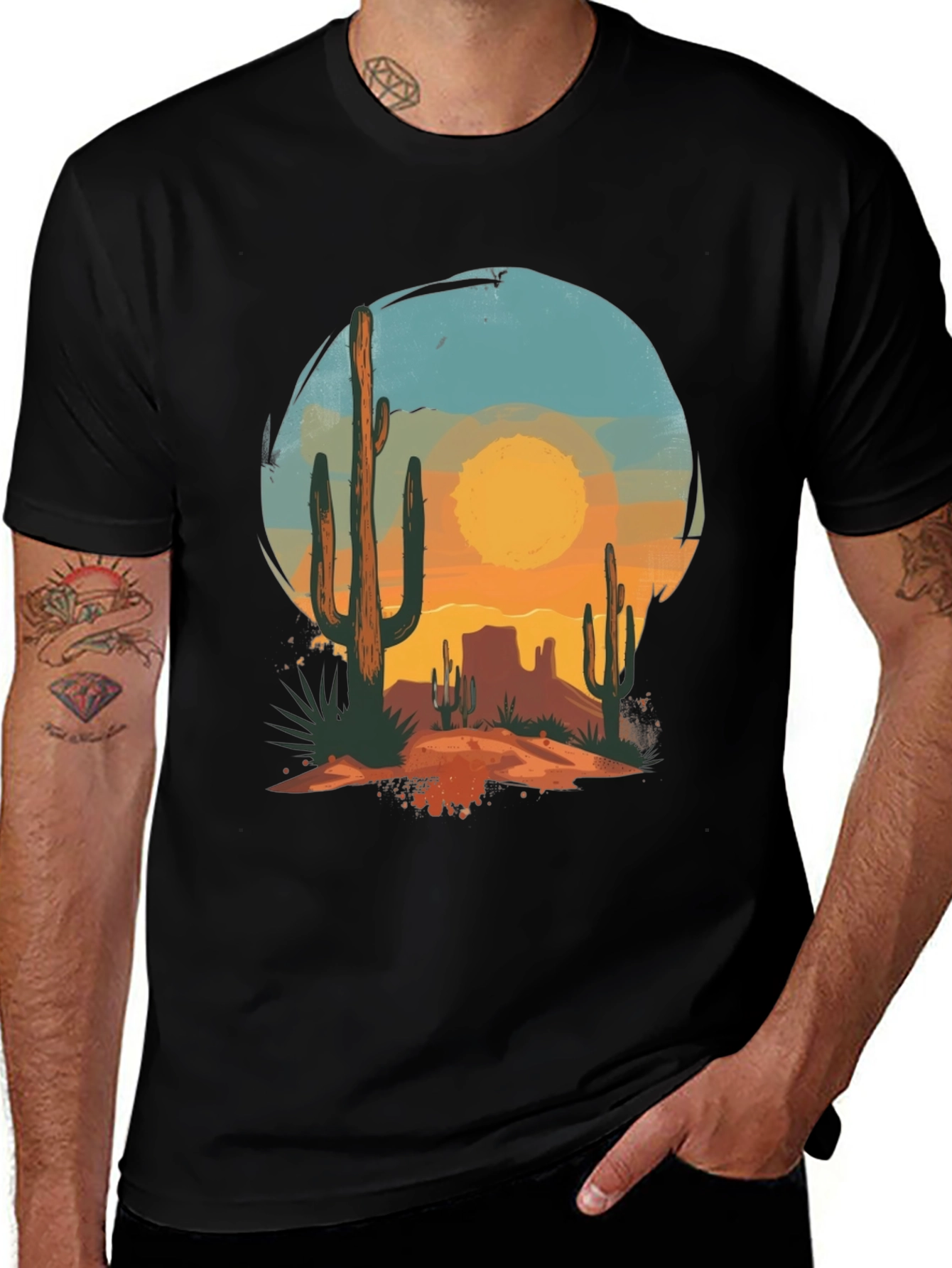 Desert Sunset Graphic Tee - Black Cotton Casual T-Shirt