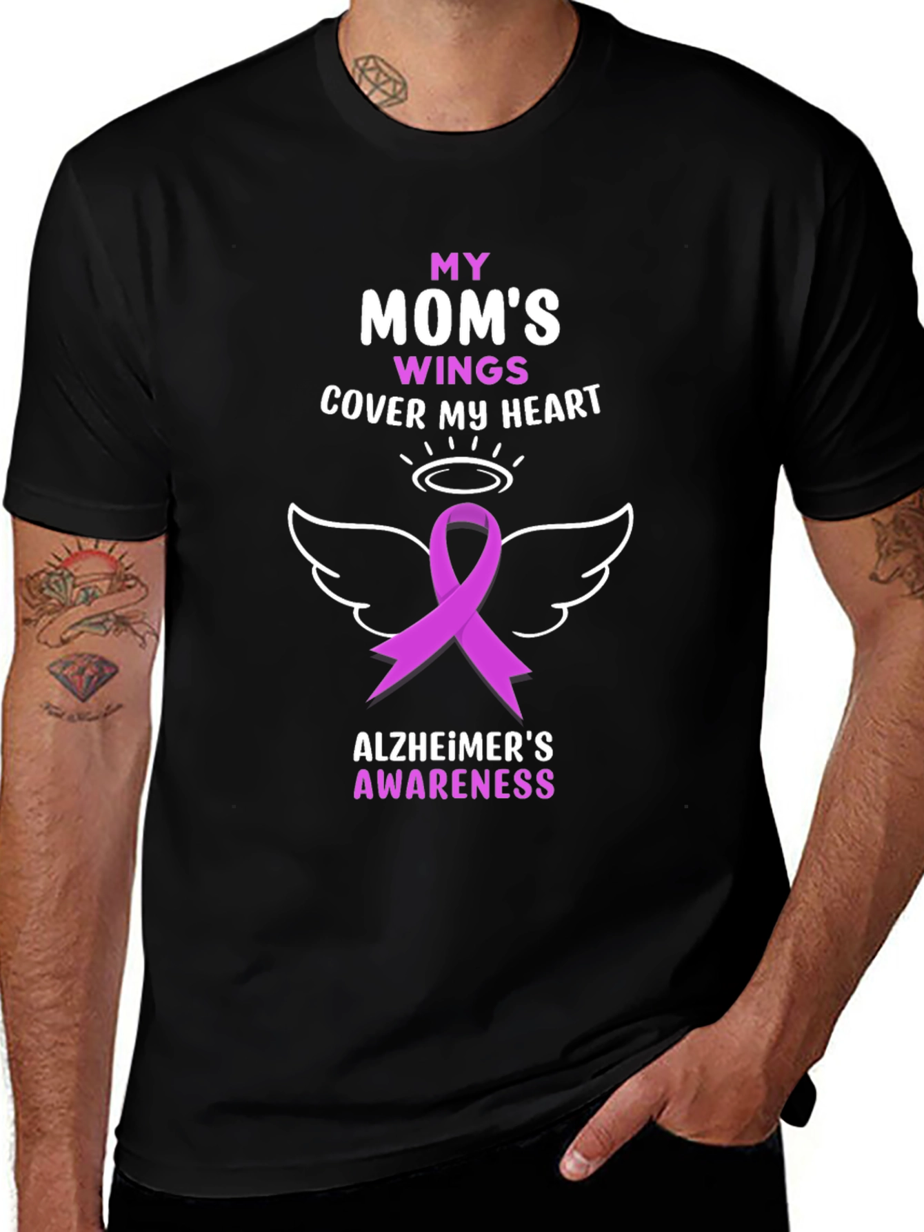 Alzheimer's Awareness T-Shirt: Mom's Wings Cover My Heart