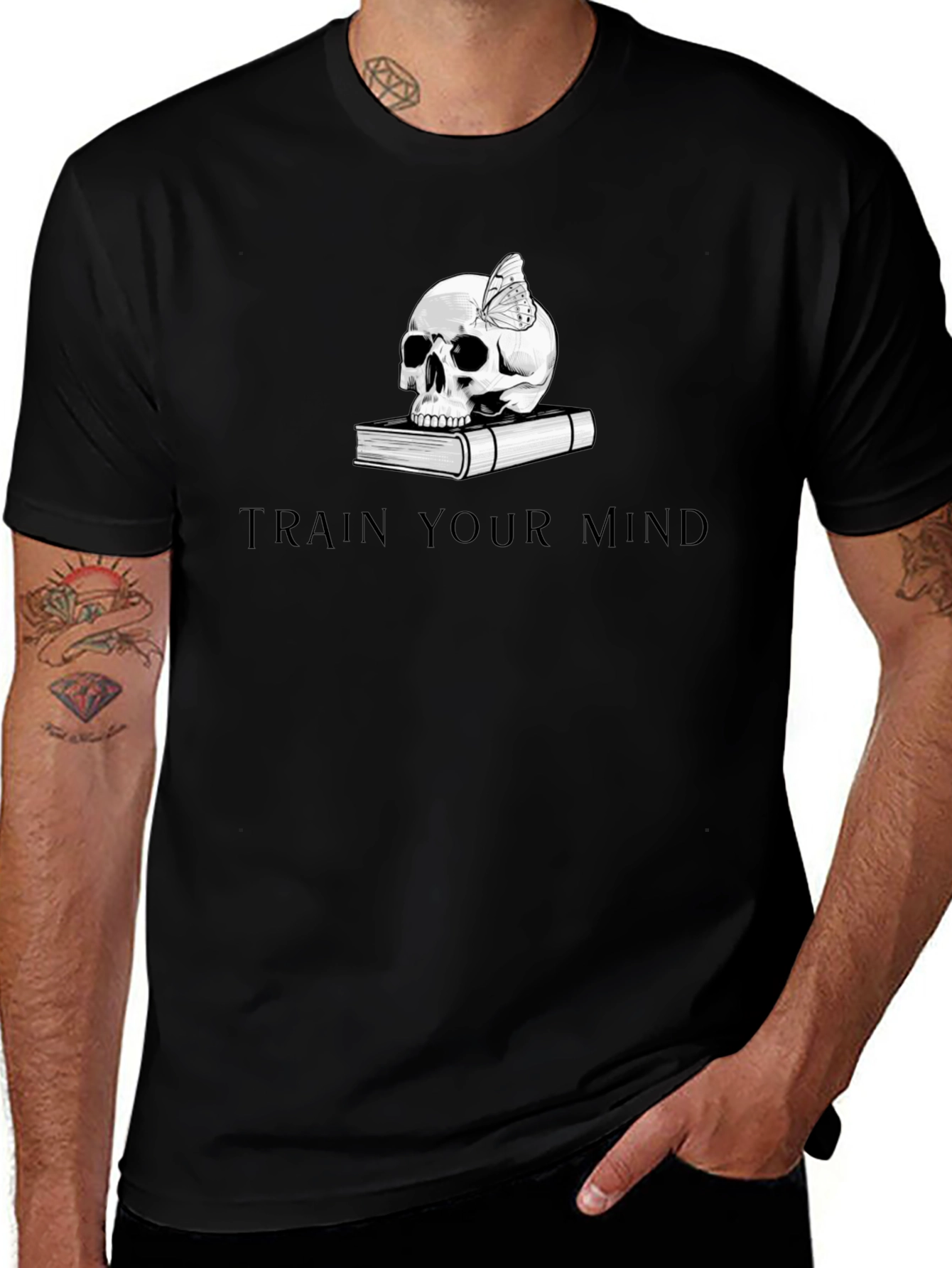 Variant 27 of Train Your Mind Graphic T-Shirt - Skull & Butterfly Design