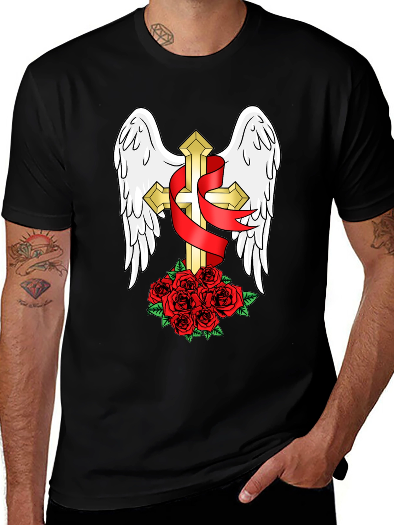 Variant 25 of Angel Wings Cross with Roses Graphic T-Shirt