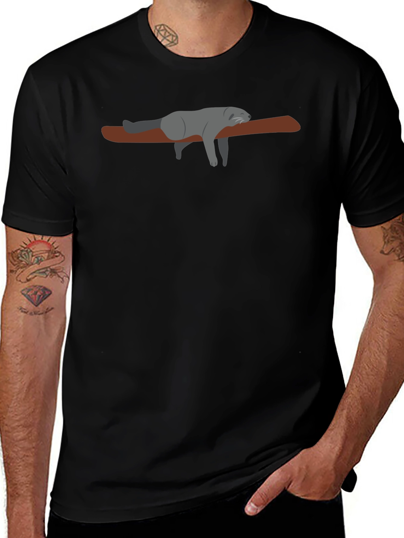 Black Lazy Raccoon on Branch - Black T-Shirt main image