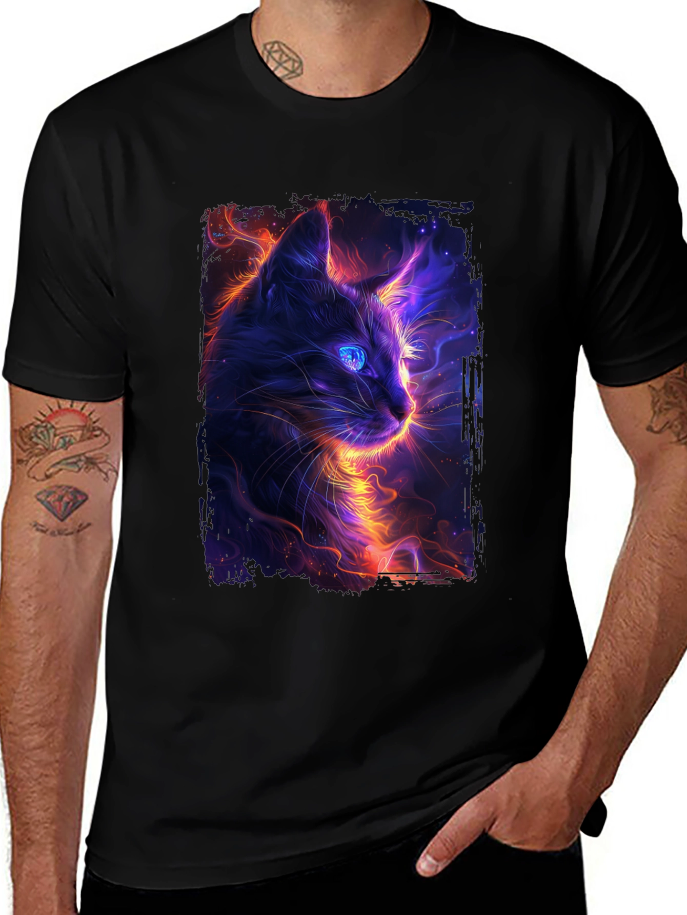 Variant 14 of Neon Cat Graphic Black T-Shirt