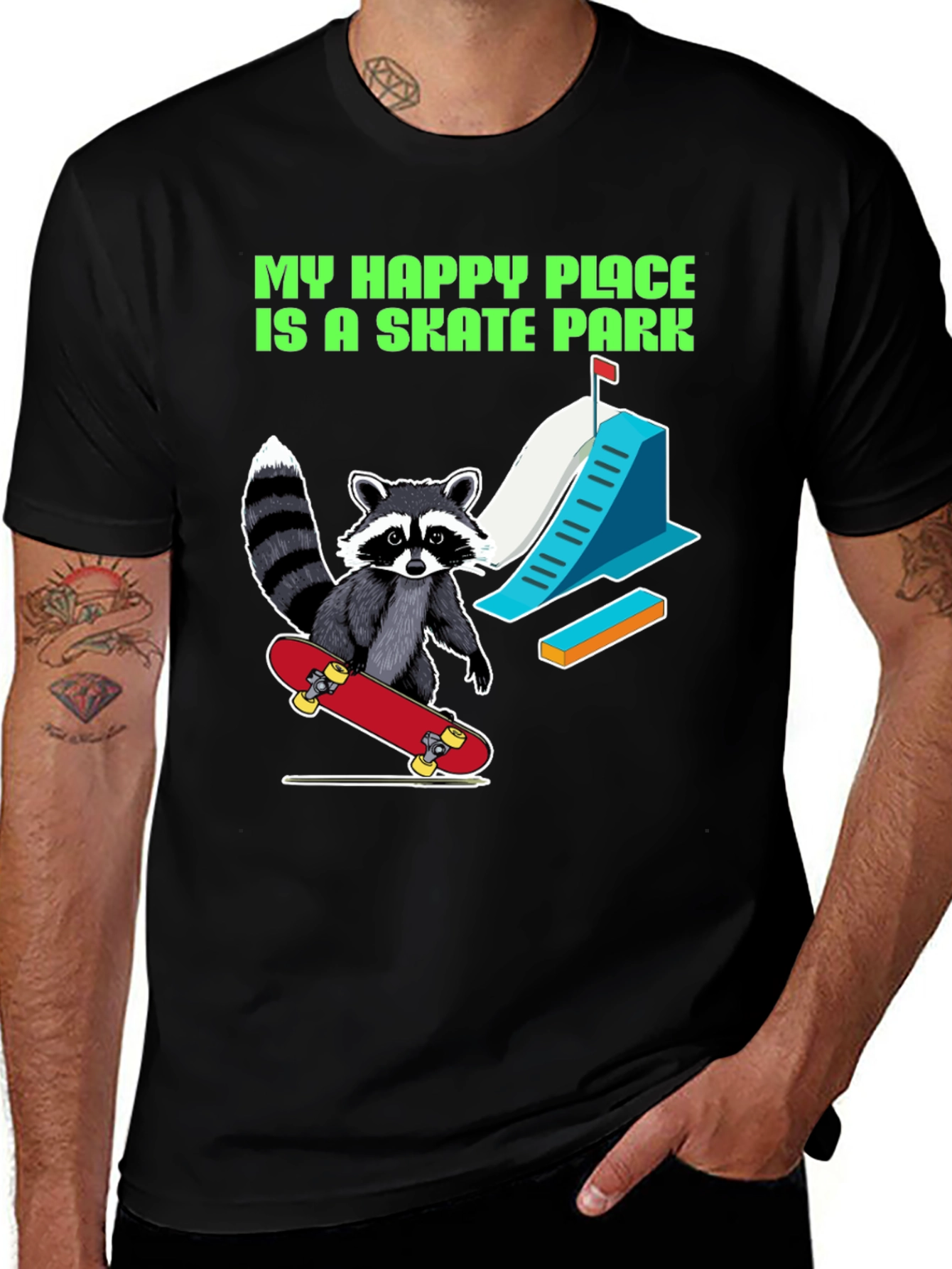 Variant 19 of Raccoon Skateboard T-Shirt - My Happy Place Skate Park Tee
